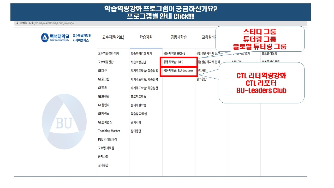 공동체학습 - 공동체학습:BTS > 스터디그룹 튜터링그룹 글로벌 튜터링그룹 공동체학습 - BU-Leaders > CTL 리더역량강화 CTL 리포터 BU-Leaders Club