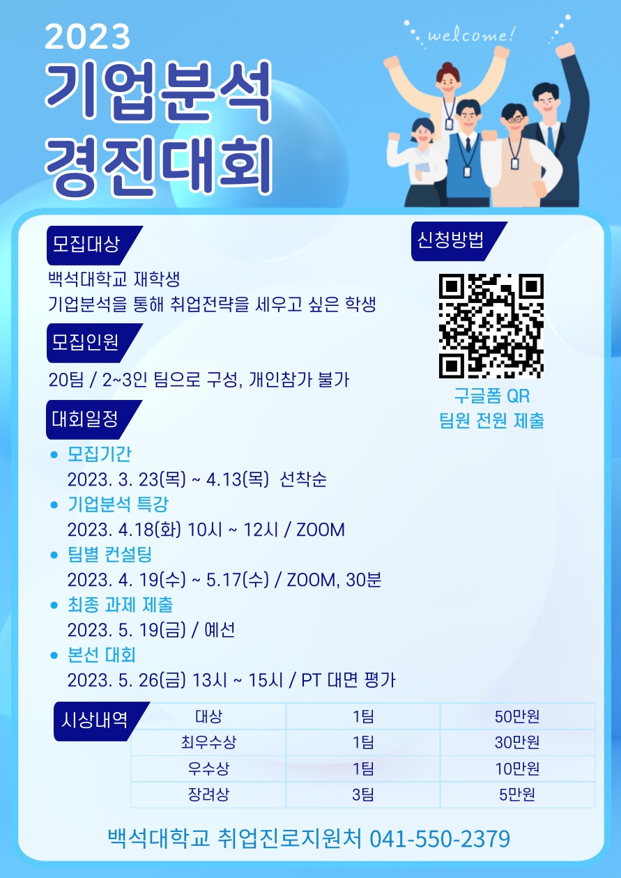  2023기업분석 경진대회 모집대상 백석대학교 재학생 기업분석을 통해 취업전략을 세우고 싶은 학생 모집인원 20팀/2~3인 팀으로 구성, 개인참가 불가 대회일정 모집기간 2023. 3. 23(목) ~ 4.13(목) 선착순 •기업분석 특강 2023. 4.18(화) 10시~12시/ ZOOM 팀별 컨설팅 2023. 4. 19(수) ~ 5.17(수) / ZOOM, 30분 • 최종 과제 제출 2023. 5. 19(금) / 예선 본선 대회 2023. 5. 26(금) 13시 ~ 15시 / PT 대면 평가 신청방법 구글폼 QR 팀원 전원 제출 시상내역 대상 1팀 50만원  최우수상 1팀 30만원 우수상 1팀 10만원 장려상 3팀 5만원 백석대학교 취업진로지원처 041-550-2379