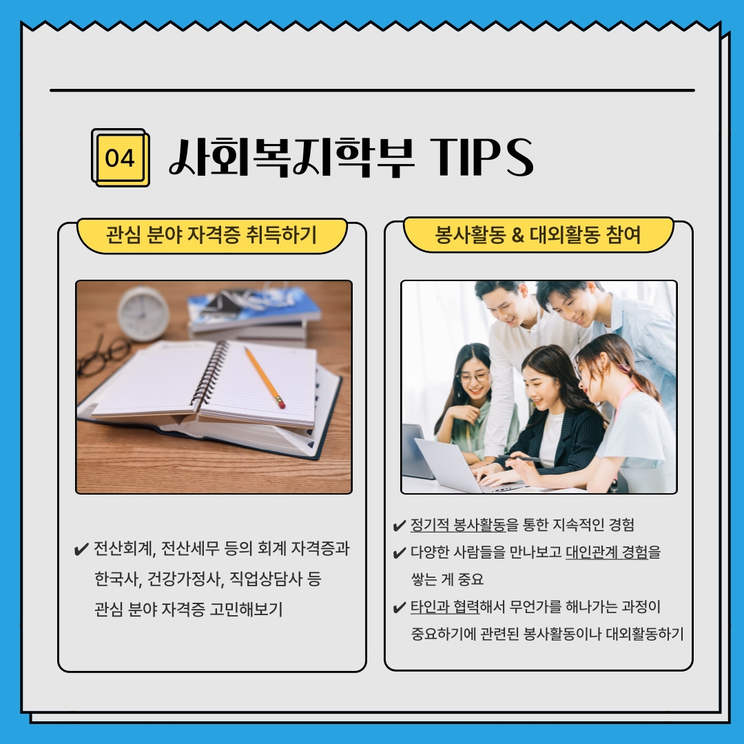 04 사회복지학부 TIPS 관심 분야 자격증 취득하기 ✔ 전산회계, 전산세무 등의 회계 자격증과       한국사, 건강가정사, 직업상담사 등      관심 분야 자격증 고민해보기 봉사활동 & 대외활동 참여 ✔ 정기적 봉사활동을 통한 지속적인 경험 ✔ 다양한 사람들을 만나보고 대인관계 경험을 쌓는 게 중요 ✔ 타인과 협력해서 무언가를 해나가는 과정이       중요하기에 관련된 봉사활동이나 대외활동하기
