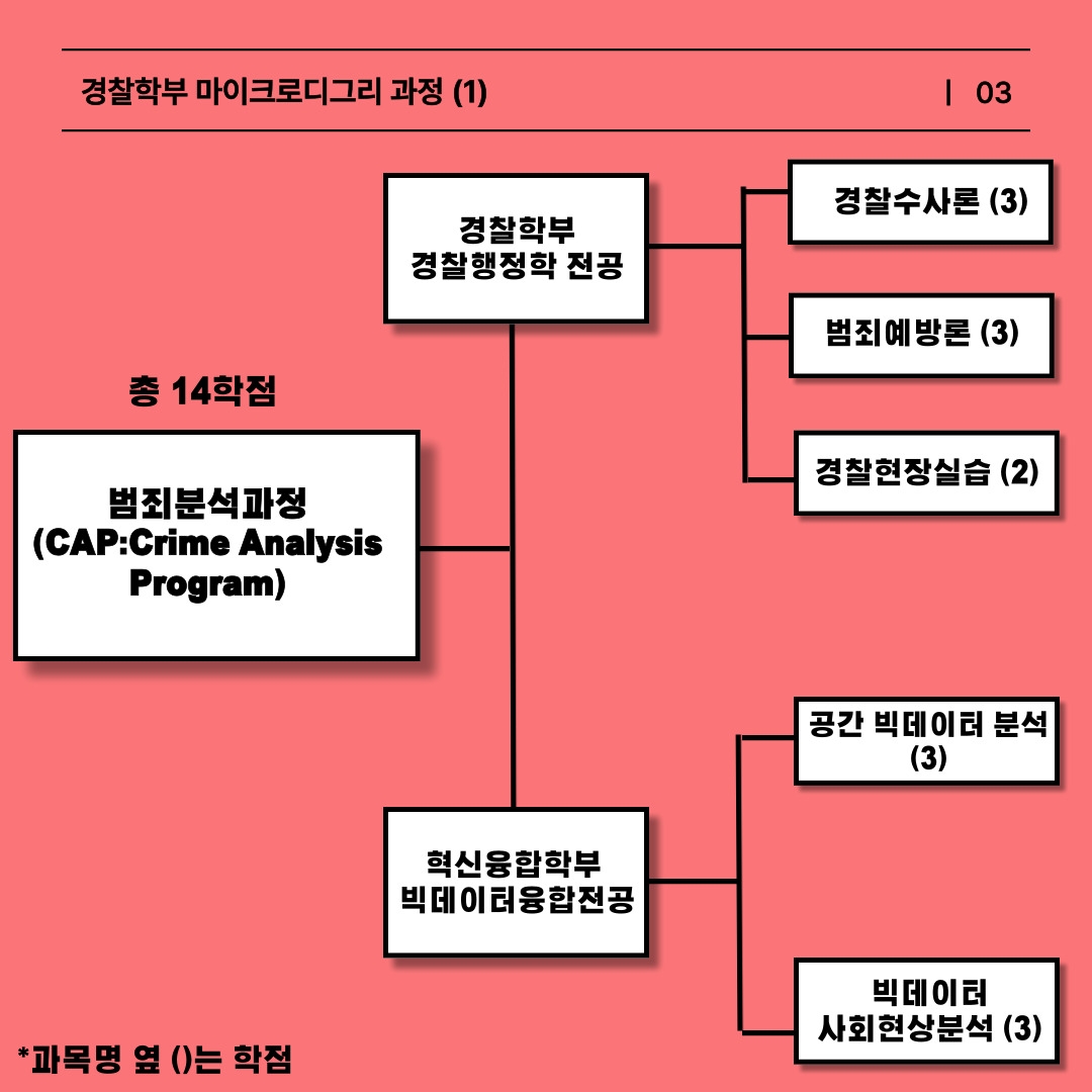 범죄 분석 과정은 총 14학점 과정으로 경찰행정학과 빅 데이터 융합전공의 융합 수업입니다. 경찰행정학 수업으로는 경찰 수사론, 범죄 예방론, 경찰 현장실습 과목과 빅 데이터 융합 전공 수업으로는 공간 빅 데이터 분석, 빅 데이터 사회 현상 분석을 수강하여야 이수 됩니다. 