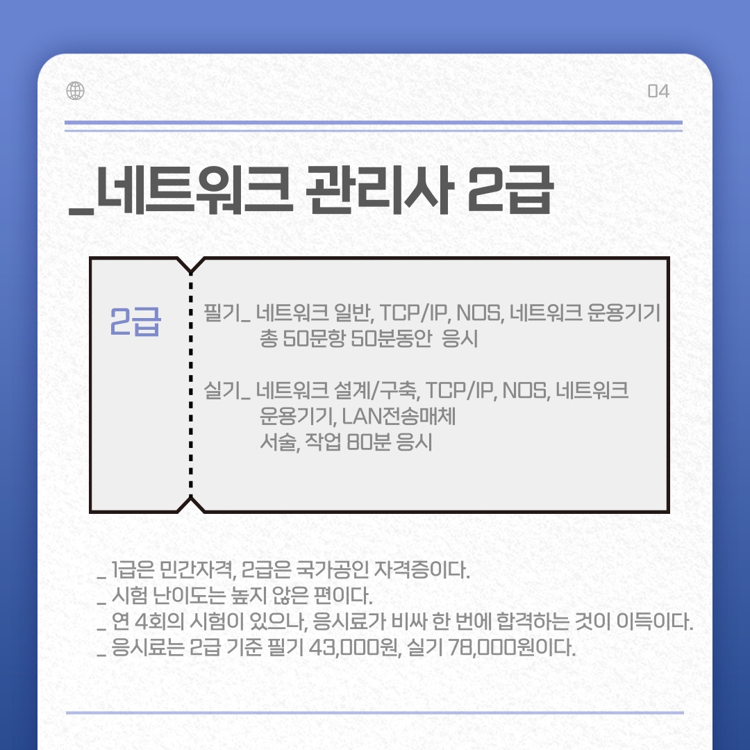 2급) 필기_ 네트워크 일반, TCP/IP, NOS, 네트워크 운용기기 총 50문항 50분동안 응시 실기_ 네트워크 설계/구축, TCP/IP, NOS, 네트워크 운용기기, LAN전송매체 서술, 작업 80분 응시 _ 1급은 민간자격, 2급은 국가공인 자격증이다. _ 시험 난이도는 높지 않은 편이다. _ 연 4회의 시험이 있으나, 응시료가 비싸 한 번에 합격하는 것이 이득이다. _ 응시료는 2급 기준 필기 43,000원, 실기 78,000원이다.