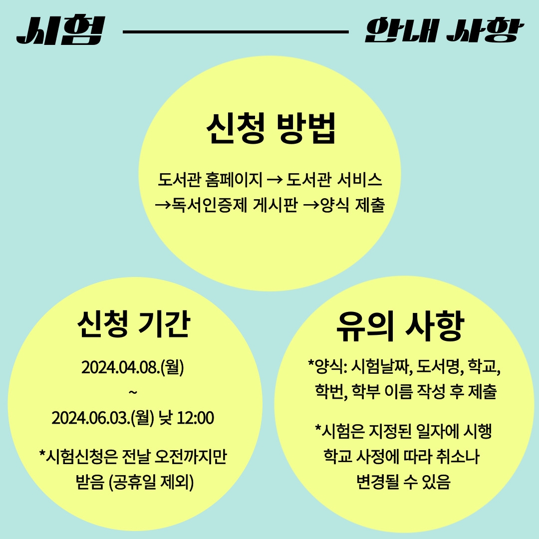 신청방법은 도서관 홈페이지에서 도서관 서비스 중 독서인증제 게시판에 들어가 게시된 양식에 맞춰 작성한 후 제출하면 됩니다.   신청기간은 4월 8일부터 6월3일 낮 12시까지로 시험신청은 전날 오전까지만 받습니다.   양식을 작성하실 때 시험날짜, 도서명, 학교, 학부, 학번, 이름을 명확하게 기재하셔야 합니다   시험은 지정된 일자에 시행하지만 학교 사정에 따라 취소나 변경이 될 수 있습니다