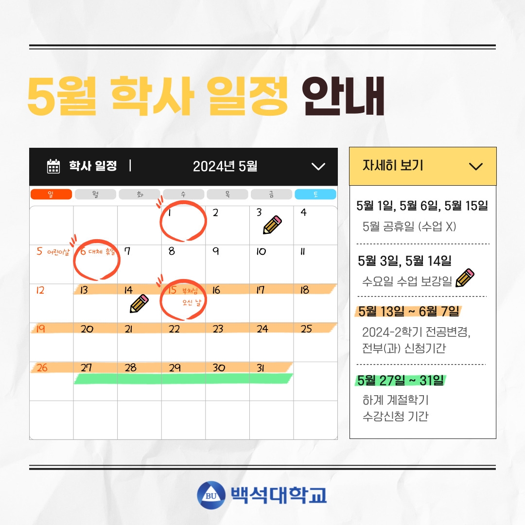 5월 학사 일정 안내 학사 일정 2024년 5월 자세히 보기 5월 1일, 5월 6일, 5월 15일 5월 공휴일 (수업 X) 5월 3일, 5월 14일 수요일 수업 보강일 5월 13일 ~ 6월 7일 2024-2학기 전공변경, 전부(과) 신청기간 5월 27일 ~ 31일 하계 계절학기 수강신청 기간 달력에 일정 표시 백석대학교