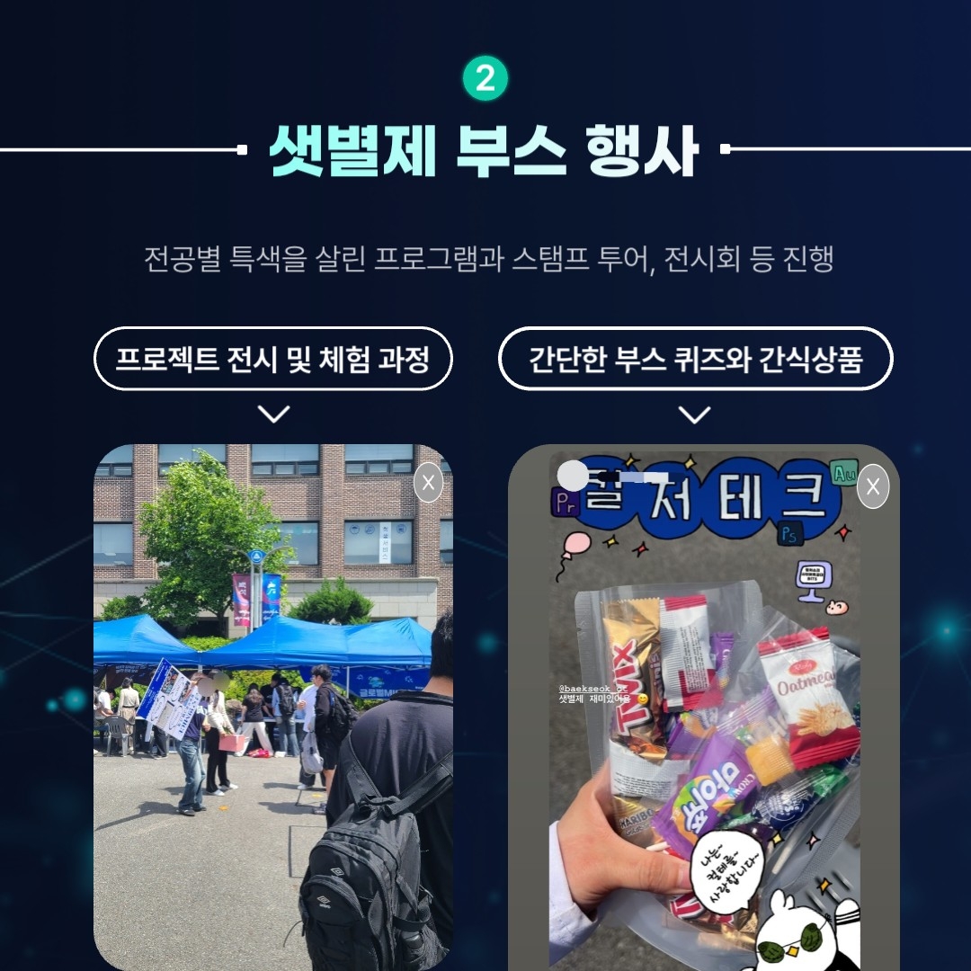 샛별제 부스 행사 전공별 특색을 살린 프로그램과 스탬프 투어, 전시회 등 진행 프로젝트 전시 및 체험 과정 간단한 부스 퀴즈와 간식상품
