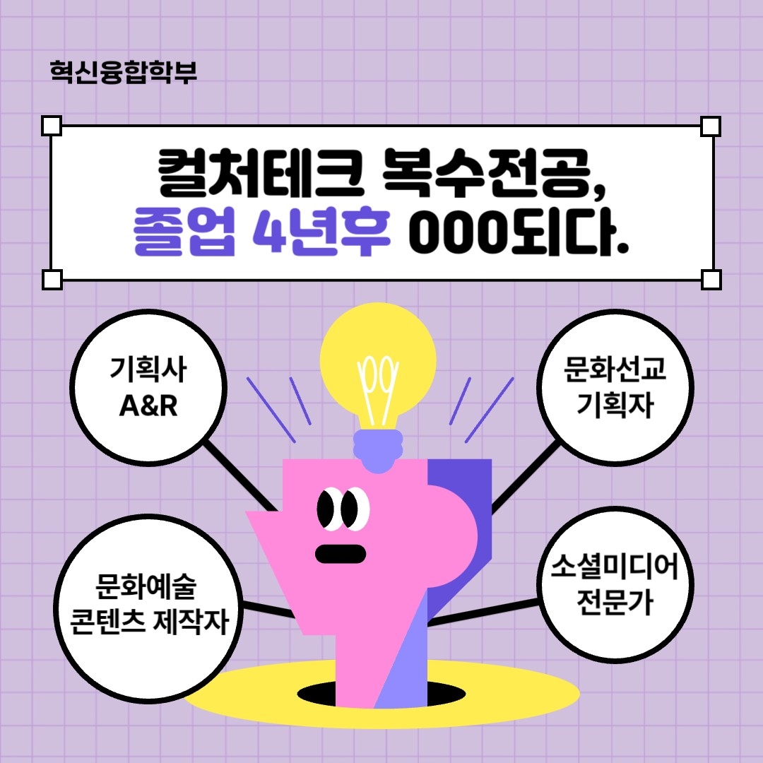 혁신융합학부 컬처테크융합전공 복수전공, 졸업 4년 후 000 되다. 기획사 A&R, 문화선교 기획자, 문화예술 콘텐츠 제작자, 소셜미디어 전문가