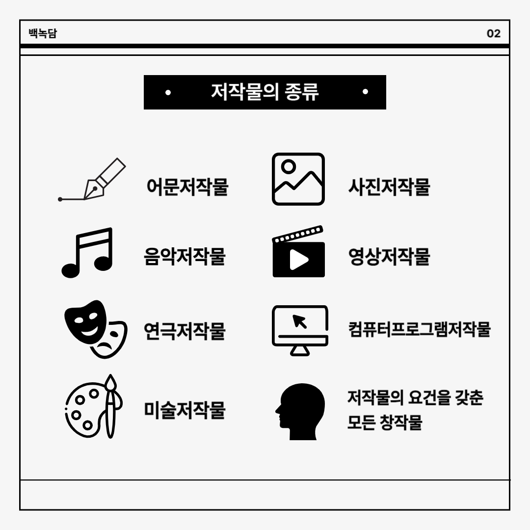 어문저작물/ 음악저작물/ 연극저작물/ 미술저작물/ 사진저작물/ 영상저작물/ 컴퓨터프로그램저작물/ 저작물의 요건을 갖춘 모든 창작물