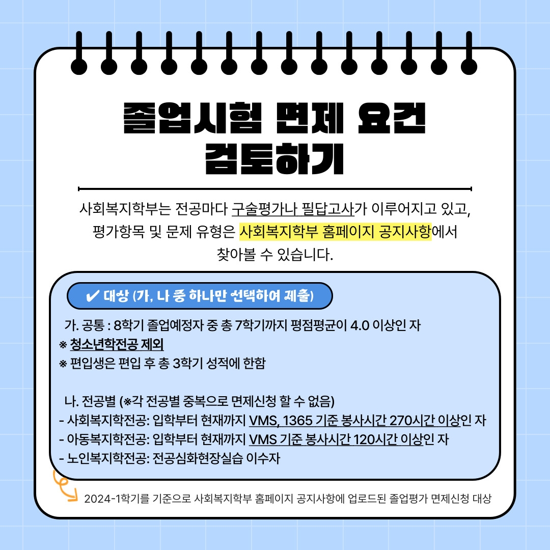 졸업시험 면제 요건 검토하기 사회복지학부는 전공마다 구술평가나 필답고사가 이루어지고 있고, 평가항목 및 문제 유형은 사회복지학부 홈페이지 공지사항에서 찾아볼 수 있습니다. ✔ 대상 (가, 나 중 하나만 선택하여 제출)   가. 공통 : 8학기 졸업예정자 중 총 7학기까지 평점평균이 4.0 이상인 자 ※ 청소년학전공 제외 ※ 편입생은 편입 후 총 3학기 성적에 한함   나. 전공별 (※각 전공별 중복으로 면제신청 할 수 없음) - 사회복지학전공: 입학부터 현재까지 VMS, 1365 기준 봉사시간 270시간 이상인 자 - 아동복지학전공: 입학부터 현재까지 VMS 기준 봉사시간 120시간 이상인 자 - 노인복지학전공: 전공심화현장실습 이수자 2024-1학기를 기준으로 사회복지학부 홈페이지 공지사항에 업로드된 졸업평가 면제신청 대상