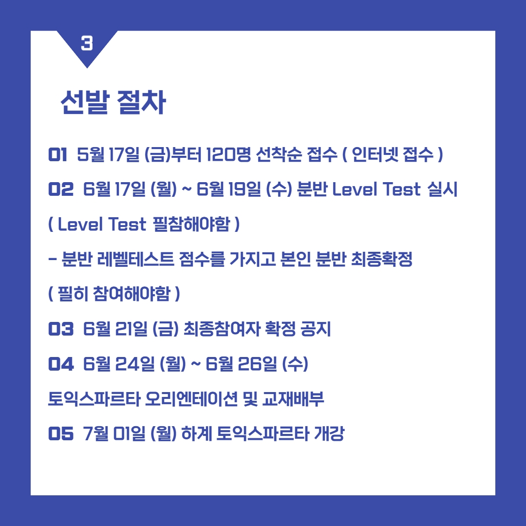선발 절차  01  5월 17일 (금)부터 120명 선착순 접수 ( 인터넷 접수 )  02  6월 17일 (월) ~ 6월 19일 (수) 분반 Level Test 실시   ( Level Test 필참해야함 )  - 분반 레벨테스트 점수를 가지고 본인 분반 최종확정   ( 필히 참여해야함 )  03  6월 21일 (금) 최종참여자 확정 공지  04  6월 24일 (월) ~ 6월 26일 (수)   토익스파르타 오리엔테이션 및 교재배부  05  7월 01일 (월) 하계 토익스파르타 개강