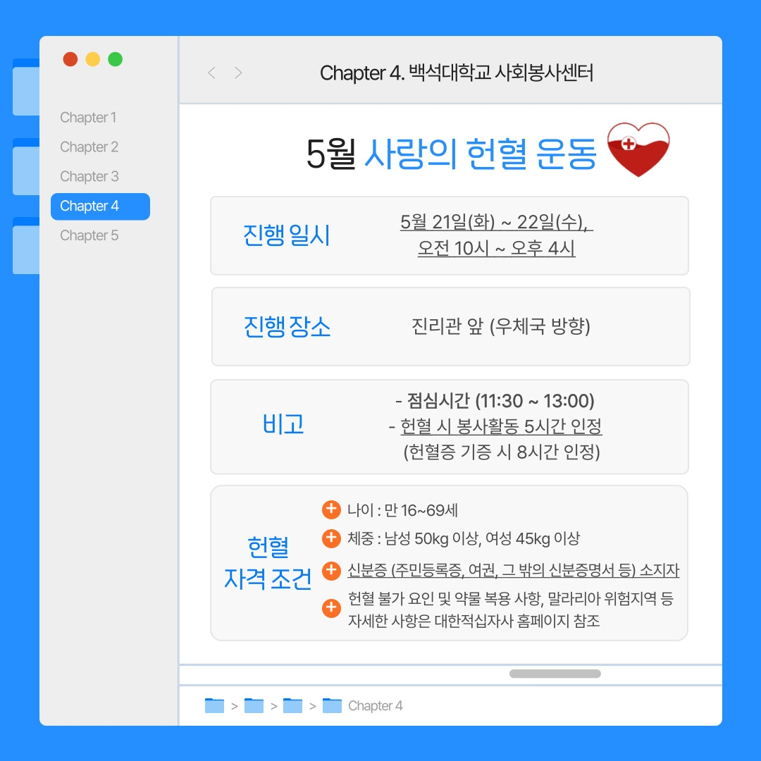 Chapter 4. 백석대학교 사회봉사센터  5월 사랑의 헌혈 운동  진행 일시 5월 21일(화) ~ 22일(수),   오전 10시 ~ 오후 4시  진행 장소 진리관 앞 (우체국 방향)  비고 - 점심시간 (11:30 ~ 13:00)  - 헌혈 시 봉사활동 5시간 인정 (헌혈증 기증 시 8시간 인정)  헌혈 자격 조건 나이 : 만 16~69세 체중 : 남성 50kg 이상, 여성 45kg 이상  신분증 (주민등록증, 여권, 그 밖의 신분증명서 등) 소지자  헌혈 불가 요인 및 약물 복용 사항, 말라리아 위험지역 등  자세한 사항은 대한적십자사 홈페이지 참조