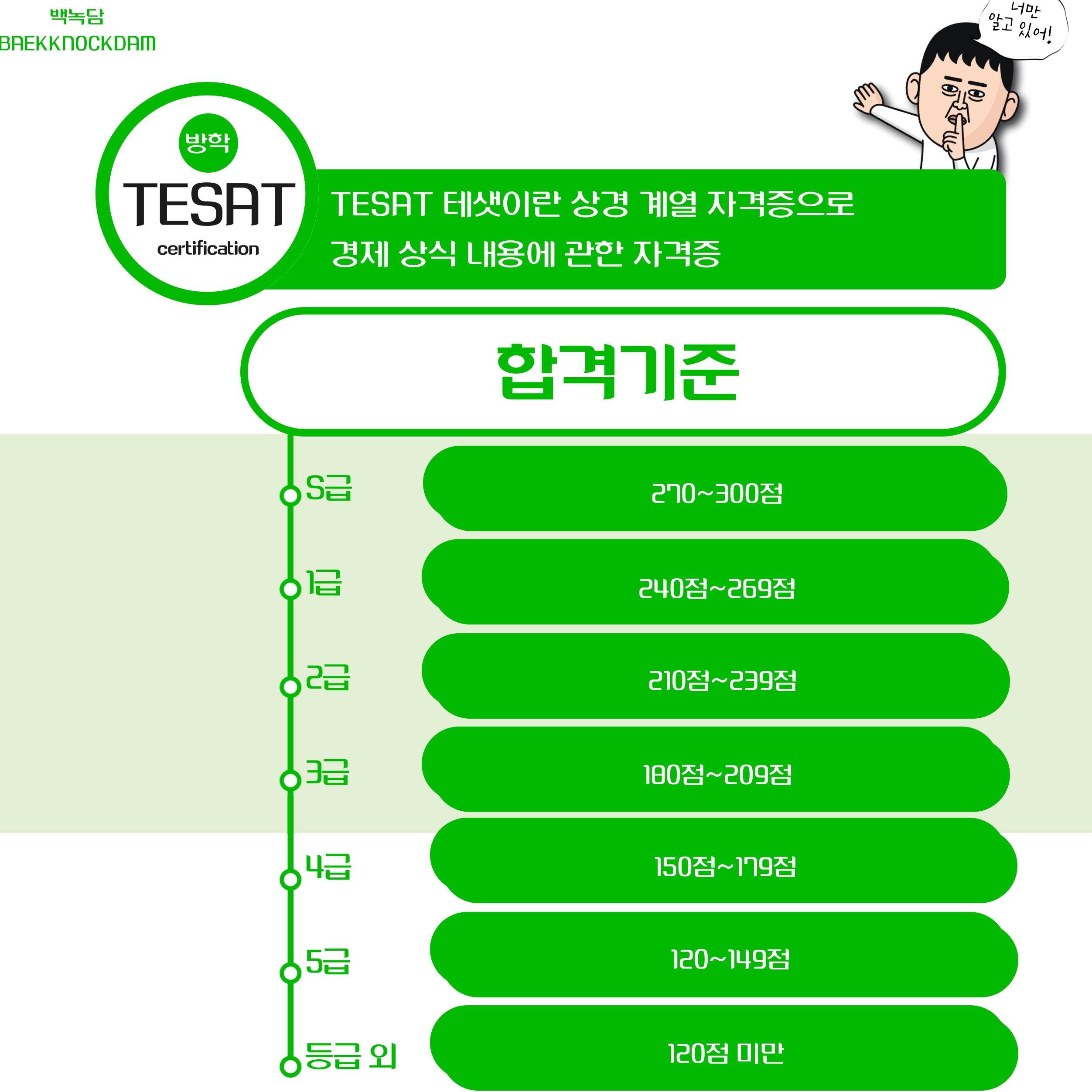 합격 기준은 S급은 270~300점 1급은 240~269점 2급은 210~239점 3급은 180~209점 4급은 150~179점 5급은 120~149점 등급 외는 120점 미만