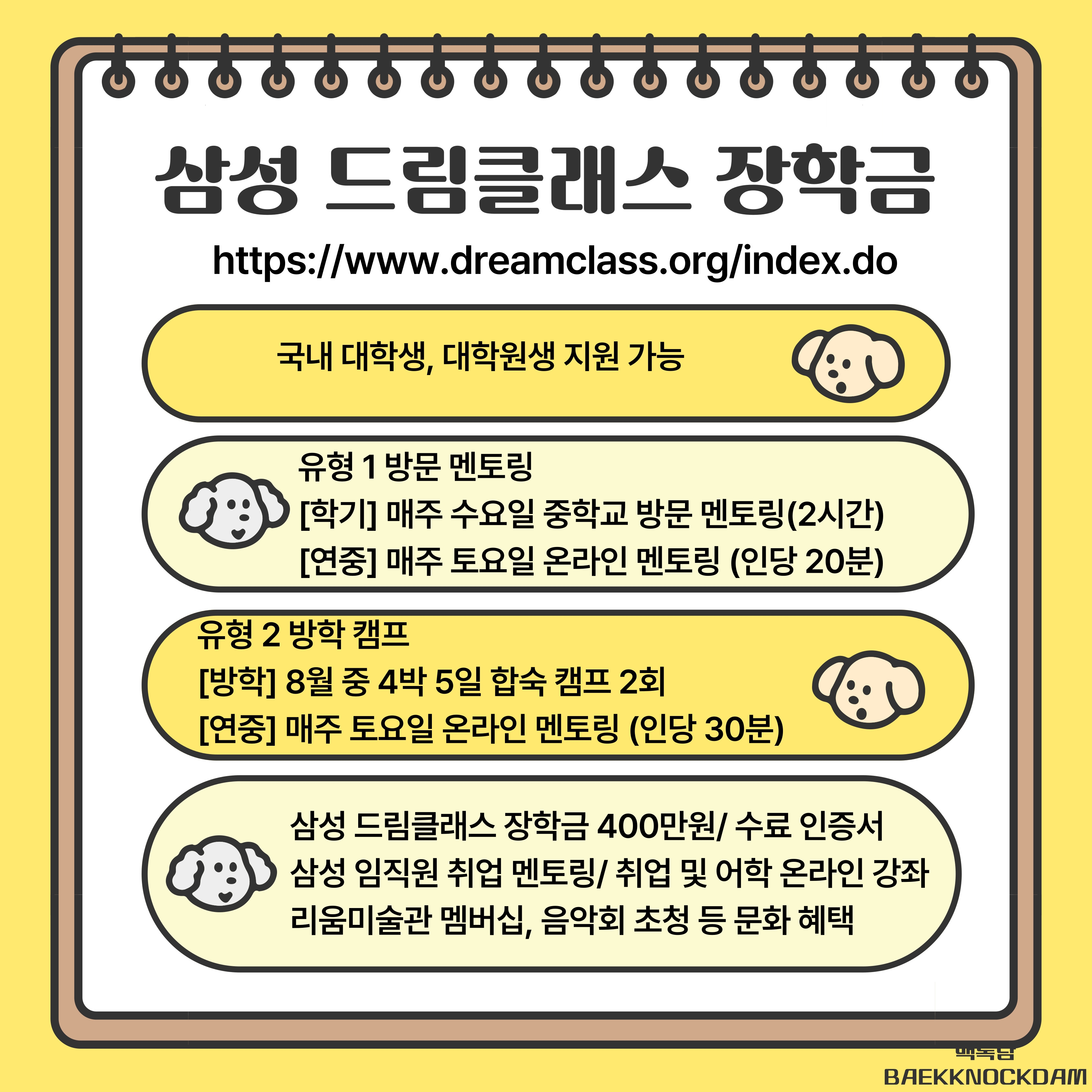 국내 대학생, 대학원생이 지원 가능합니다.   유형은 총 2개로 유형1은 방문 멘토링입니다. [학기]에는 매주 수요일 중학교 방문 멘토링(2시간)  [연중]에는 매주 토요일 온라인 멘토링 (인당20분)으로 구성됩니다.    유형2는 방학캠프입니다. [방학]에는 8월 중 4박 5일 합숙 캠프 2회 진행  [연중]에는 매주 토요일 온라인 멘토링 (인당30분)으로 구성됩니다.    그 외에도 삼성 드림클래스 장학금 400만원, 수료 인증서,  삼성 임직원 취업 멘토링, 취업 및 어학 관련 온라인 강좌  리움미술관 멤버십, 음악회 초청 등 문화 혜택도 제공합니다.