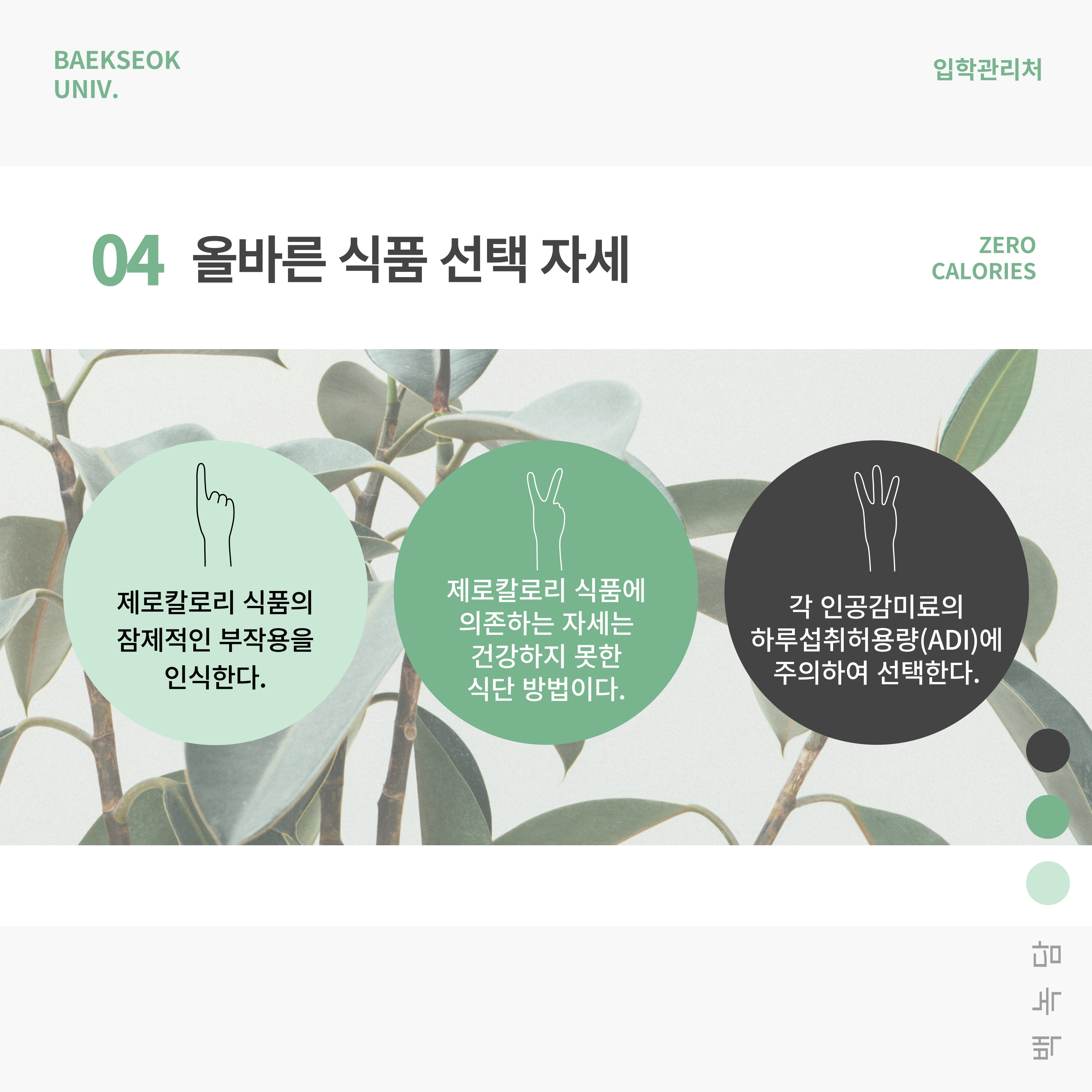 2. 당에 대한 갈증 제로칼로리 식품의 잠재적인 부작용을 인식한다. 제로칼로리 식품에 의존하는 자세는 건강하지 못한 식단 방법이다. 각 인공감미료의 하루섭취허용량(ADI)에 주의하여 선택한다.