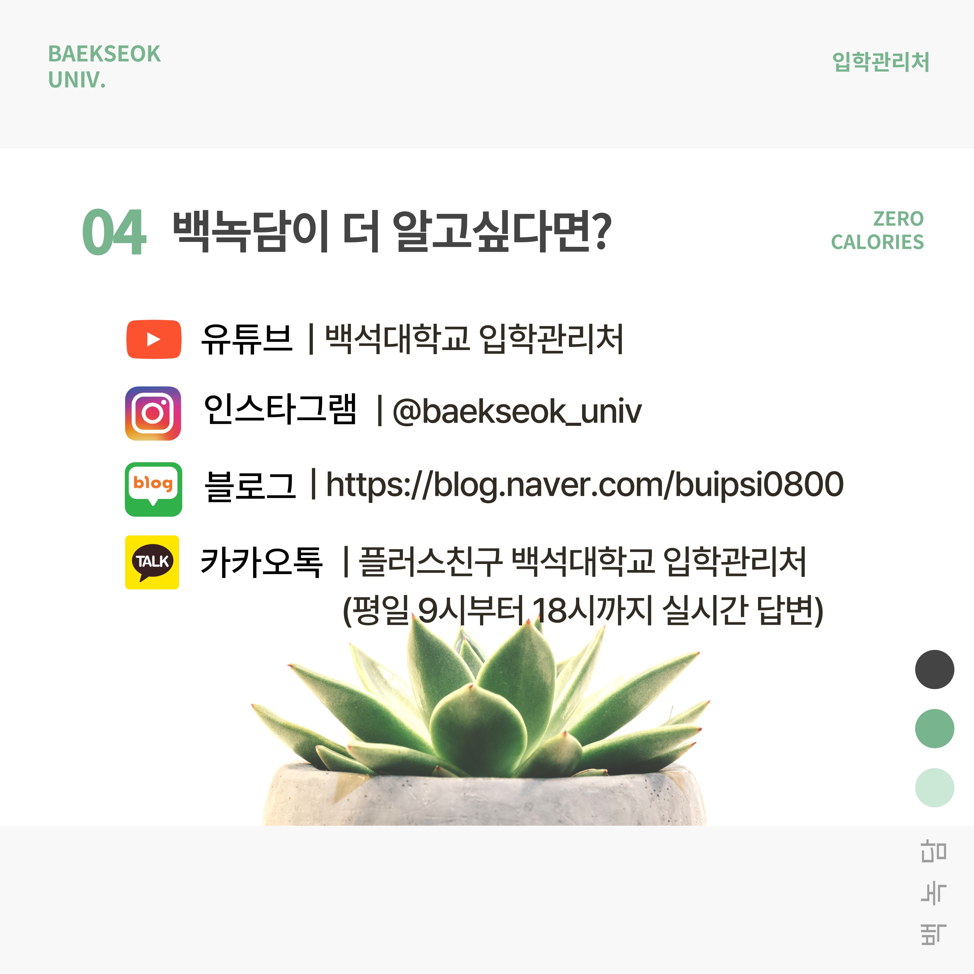 유튜브 | 백석대학교 입학관리처 인스타그램 | @baekseok_univ 블로그 | 백석대학교 입학관리처 https://blog.naver.com/buipsi0800 카카오톡 | 플러스친구 백석대학교 입학관리처           (평일 9시부터 18시까지 실시간 답변)