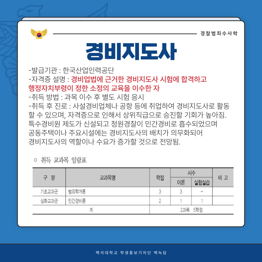 경찰범죄수사학  경비지도사  -발급기관 : 한국산업인력공단  -자격증 설명 : 경비업법에 근거한 경비지도사 시험에 합격하고   행정자치부령이 정한 소정의 교육을 이수한 자  -취득 방법 : 과목 이수 후 별도 시험 응시  -취득 후 진로 : 사설경비업체나 공항 등에 취업하여 경비지도사로 활동할 수 있으며,   자격증으로 인해서 상위직급으로 승진할 기회가 높아짐. 특수경비원 제도가 신설되고 청원경찰이 민간경비로 흡수되었으며   공동주택이나 주요시설에는 경비지도사의 배치가 의무화되어   경비지도사의 역할이나 수요가 증가할 것으로 전망됨.  백석대학교 학생홍보기자단 백녹담