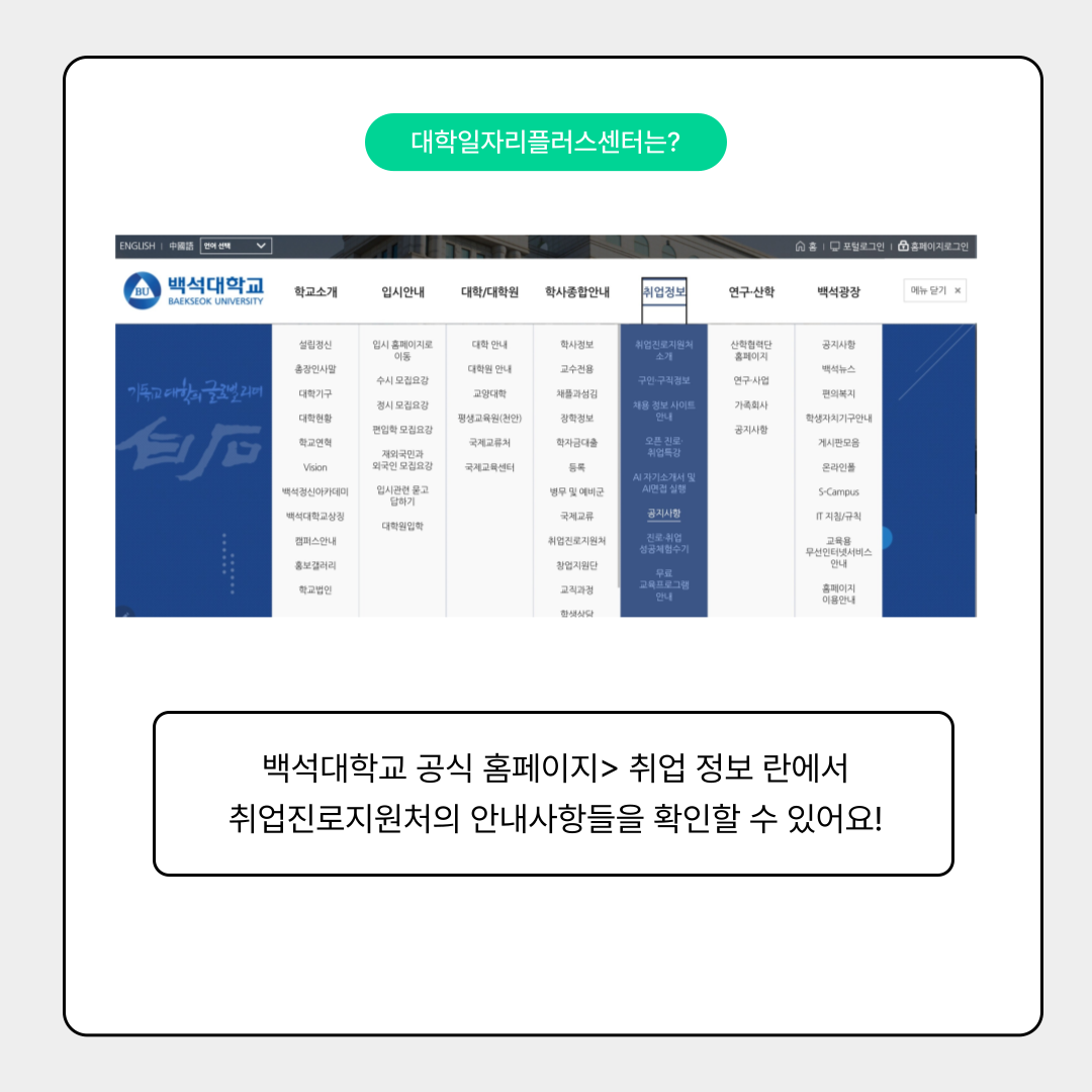 대학일자리플러스센터는? 백석대학교 공식 홈페이지> 취업 정보 란에서 취업진로지원처의 안내사항들을 확인할 수 있어요!