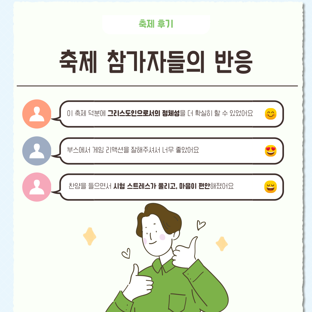 축제 후기 축제 참가자들의 반응 이 축제 덕분에 그리스도인으로서의 정체성을 더 확실히 할 수 있었어요 부스에서 게임 리액션을 잘해주셔서 너무 좋았어요 찬양을 들으면서 시험 스트레스가 풀리고, 마음이 편안해졌어요