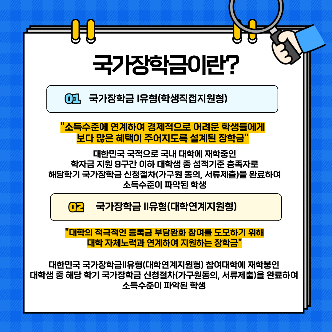 국가장학금이란? 01 국가장학금 |유형(학생직접지원형) 소득수준에 연계하여 경제적으로 어려운 학생들에게 보다 많은 혜택이 주어지도록 설계된 장학금' 대한민국 국적으로 국내 대학에 재학중인 학자금 지원 9구간 이하 대학생 중 성적기준 충족자로 해당학기 국가장학금 신청절차(가구원 동의, 서류제출)을 완료하여 소득수준이 파악된 학생 02 국가장학금 1유형(대학연계지원형) 대학의 적극적인 등록금 부담완화 참여를 도모하기 위해 대학 자체노력과 연계하여 지원하는 장학금' 대한민국 국가장학금I1유형(대학연계지원형) 참여대학에 재학붕인 대학생 중 해당 학기 국가장학금 신청절차(가구원동의, 서류제출)을 완료하여 소득수준이 파악된 학생