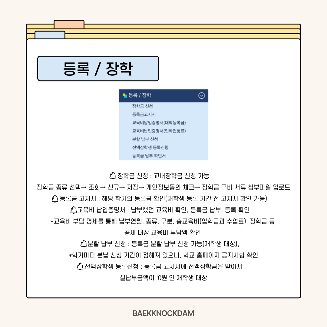 장학금 신청-  등록/장학은 교내 장학금을 신청하거나 등록금 납부에 대한 것을 확인할 수 있는 곳입니다. 종합정보시스템에서 신청이 가능한 장학금은 사랑 장학금, 목회자 장학금, 한 가족 장학금, 면학 장학금, 교수 추천장학금, 성적향상, 다문화 장학금, 사회기여장학금이 있습니다. 교수 추천 장학금은 학기마다 교수님께서 선발하셔서 1학기에는 등록금 감면, 2학기는 통장 입금으로 받을 수 있으니 알아 두시길 바랍니다. 교내 장학금은 신청 기간에 종류를 선택하여 조회하고, 신규 버튼을 눌러 저장하셔야 합니다. 개인정보 동의 버튼도 꼭 체크를 눌러야 하며, 구비 서류도 첨부파일로 올리셔야 신청할 수 있습니다.  등록금 고지서-  해당 학기의 등록금을 확인할 수 있습니다. 재학생 등록 기간 전에 고지서 확인도 가능합니다.  교육비 납입 증명서-  납부했던 교육비를 모두 확인할 수 있습니다. 등록금을 납부하고 등록이 되었는지 확인도 가능합니다. 교육비 부담 명세를 통해 납부 연월, 종류, 입학금과 수업료를 포함한 총교육비, 학비 감면된 장학금 등 공제 대상 교육비 부담액을 확인할 수 있습니다.  분할 납부 신청-  재학생을 대상으로 하여 등록금을 분할해 납부하기 위해 신청할 수 있는 곳입니다. 분할 납부 신청 기간도 정해져 있으니 학교 홈페이지 공지 사항을 살펴보시면 좋을 것 같습니다.   전액 장학생 등록 신청-  전액 장학금을 받아서 등록금을 내지 않는 학우분들도 신청해야 합니다. 전액 장학생은 전액 장학금을 받아 실 납부 금액이 0원인 학우님들을 말합니다. 재학생 등록 기간에 맞춰 같이 등록하면 됩니다, 