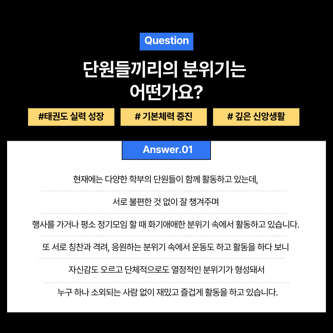 Question 단원들끼리의 분위기는 어떤가요? #태권도 실력 성장 #기본체력 증진 # 깊은 신앙생활 Answer.01 현재에는 다양한 학부의 단원들이 함께 활동하고 있는데, 서로 불편한 것 없이 잘 챙겨주며 행사를 가거나 평소 정기모임 할 때화기애애한 분위기 속에서 활동하고 있습니다. 또 서로 칭찬과 격려, 응원하는 분위기 속에서 운동도 하고 활동을 하다 보니 자신감도 오르고 단체적으로도 열정적인 분위기가 형성돼서 누구 하나 소외되는 사람 없이 재밌고 즐겁게 활동을 하고 있습니다.