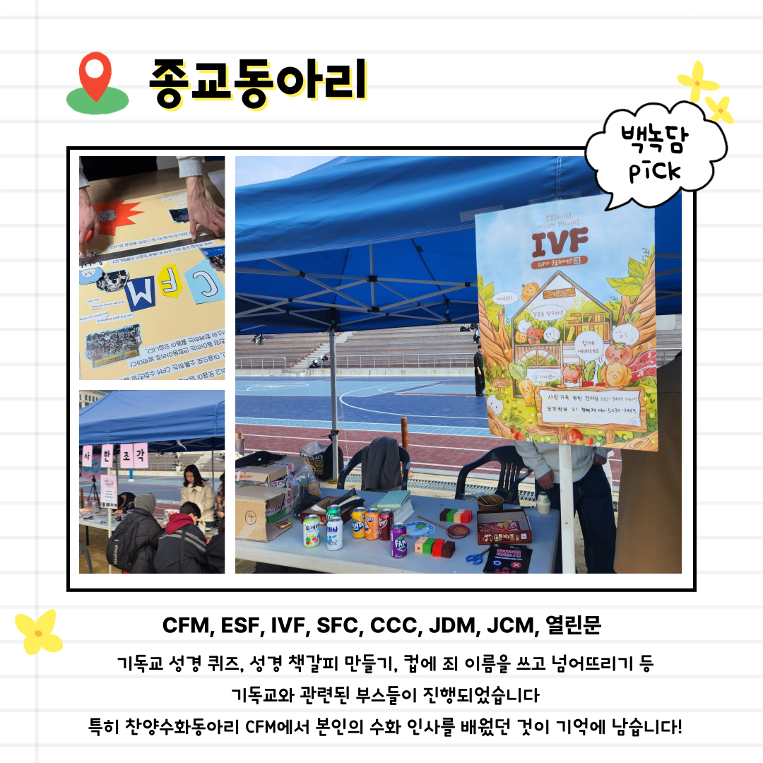 CFM, ESF, IVF, SFC, CCC, JDM, JCM, 열린문   기독교 성경 퀴즈, 성경 책갈피 만들기, 컵에 죄 이름을 쓰고 넘어뜨리기 등   기독교와 관련된 부스들이 진행되었습니다 특히 찬양수화동아리 CFM에서 본인의 수화 인사를 배웠던 것이 기억에 남습니다!