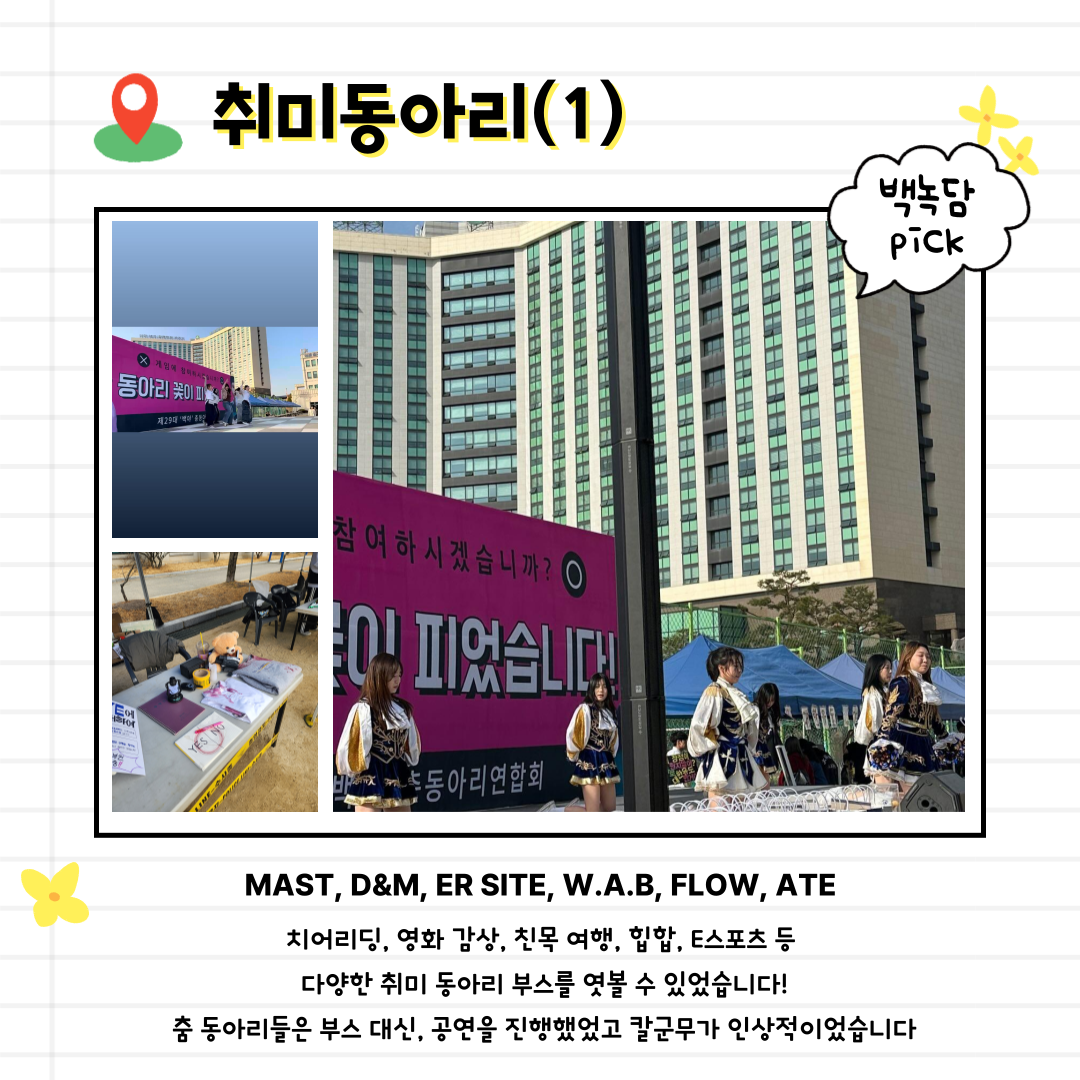 MAST, D&M, ER SITE, W.A.B, FLOW, ATE   치어리딩, 영화 감상, 친목 여행, 힙합, E스포츠 등   다양한 취미 동아리 부스를 엿볼 수 있었습니다! 춤 동아리들은 부스 대신, 공연을 진행했었고 칼군무가 인상적이었습니다