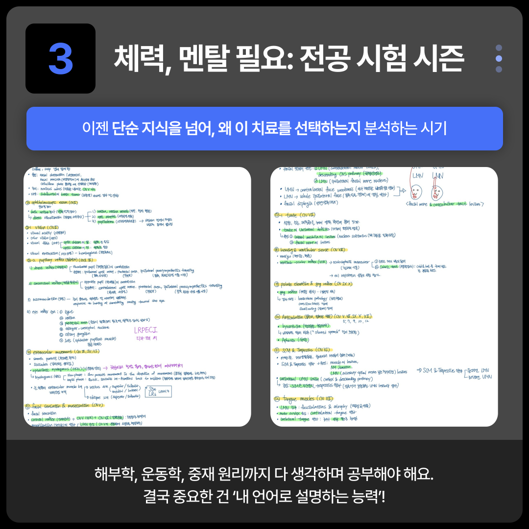 체력, 멘탈 필요: 전공 시험 시즌 ...   이젠 단순 지식을 넘어, 왜 이 치료를 선택하는지 분석하는 시기  해부학, 운동학, 중재 원리까지 다 생각하며 공부해야 해요. 결국중요한 건 '내 언어로 설명하는 능력!