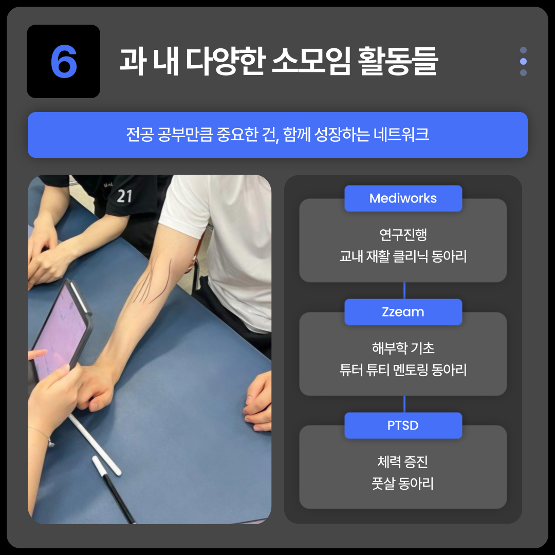 과 내다양한 소모임 활동들  6  전공 공부만큼 중요한 건, 함께 성장하는 네트워크  21  Mediworks  연구진행 교내 재활 클리닉 동아리  Zzeam  해부학 기초 튜터 튜티 멘토링 동아리  PTSD  체력 증진 풋살 동아리