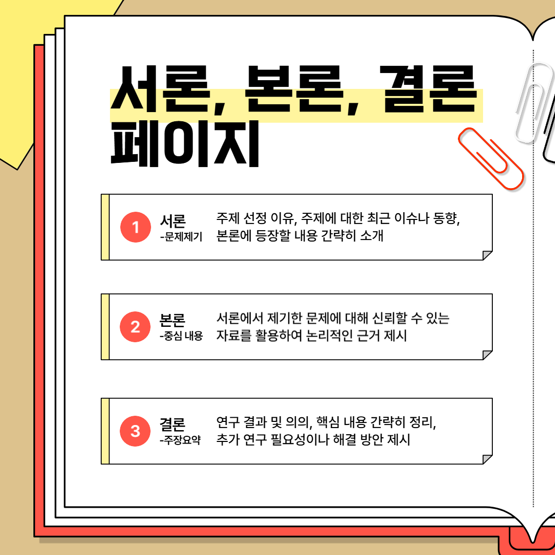서론에서는 문제를 제기하고 본론에서는 중심 내용을 소개하고 결론에서는 주장을 요약합니다. 