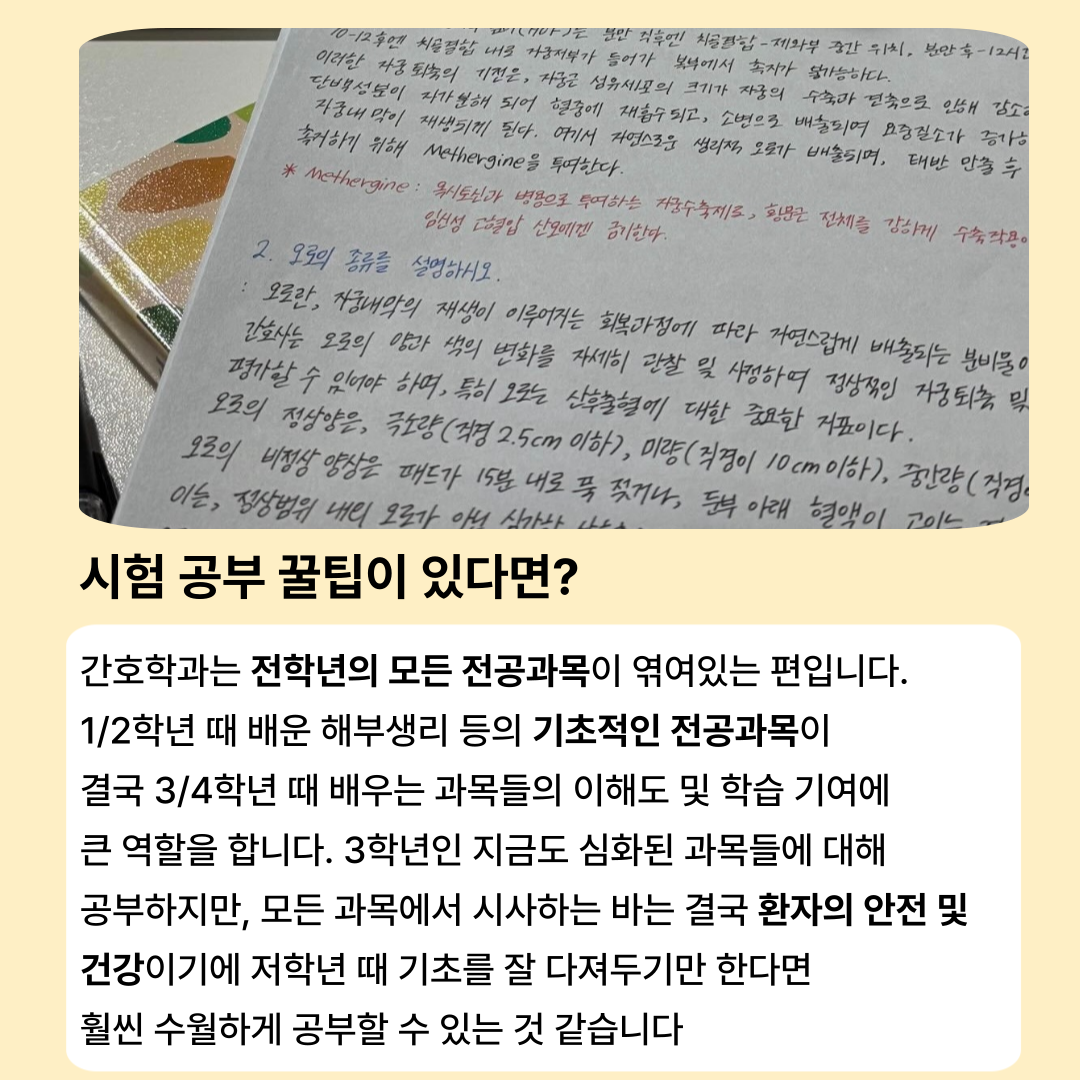 시험 공부 꿀팁이 있다면?  간호학과는 전학년의 모든 전공과목이 엮여있는 편입니다 1/2학년 때 배운 해부생리 등의 기초적인 전공과목이 결국 3/4학년 때 배우는 과목들의 이해도 및 학습 기여에 큰 역할을 합니다. 3학년인 지금도 심화된 과목들에 대해 공부하지만, 모든 과목에서 시사하는 바는 결국 환자의 안전 및 건강이기에 저학년 때 기초를 잘 다져두기만 한다면 훨씬 수월하게 공부할 수 있는 것 같습니다