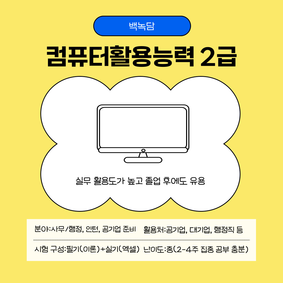 첫 번째로 소개드릴 자격증은 컴퓨터활용능력 2급입니다. 컴퓨터활용능력 2급은 사무 자동화 분야에서 가장 대중적인 국가기술자격증으로 주로 엑셀과 액세스를 중심으로 한 스프레드시트, 데이터베이스 활용 능력을 평가하며, 실제 기업에서 실무에 바로 적용 가능한 역량을 증명할 수 있어 공공기관과 대기업 입사지원 시 가산점을 부여받을 수 있습니다. 시험은 상시로 시행되며, CBT(Computer Based Test) 형식으로 진행된다. 보통 2~4주의 학습 시간이 소요되며, 문제 유형에 익숙해지기 위한 실습 위주의 공부가 효과적입니다. 