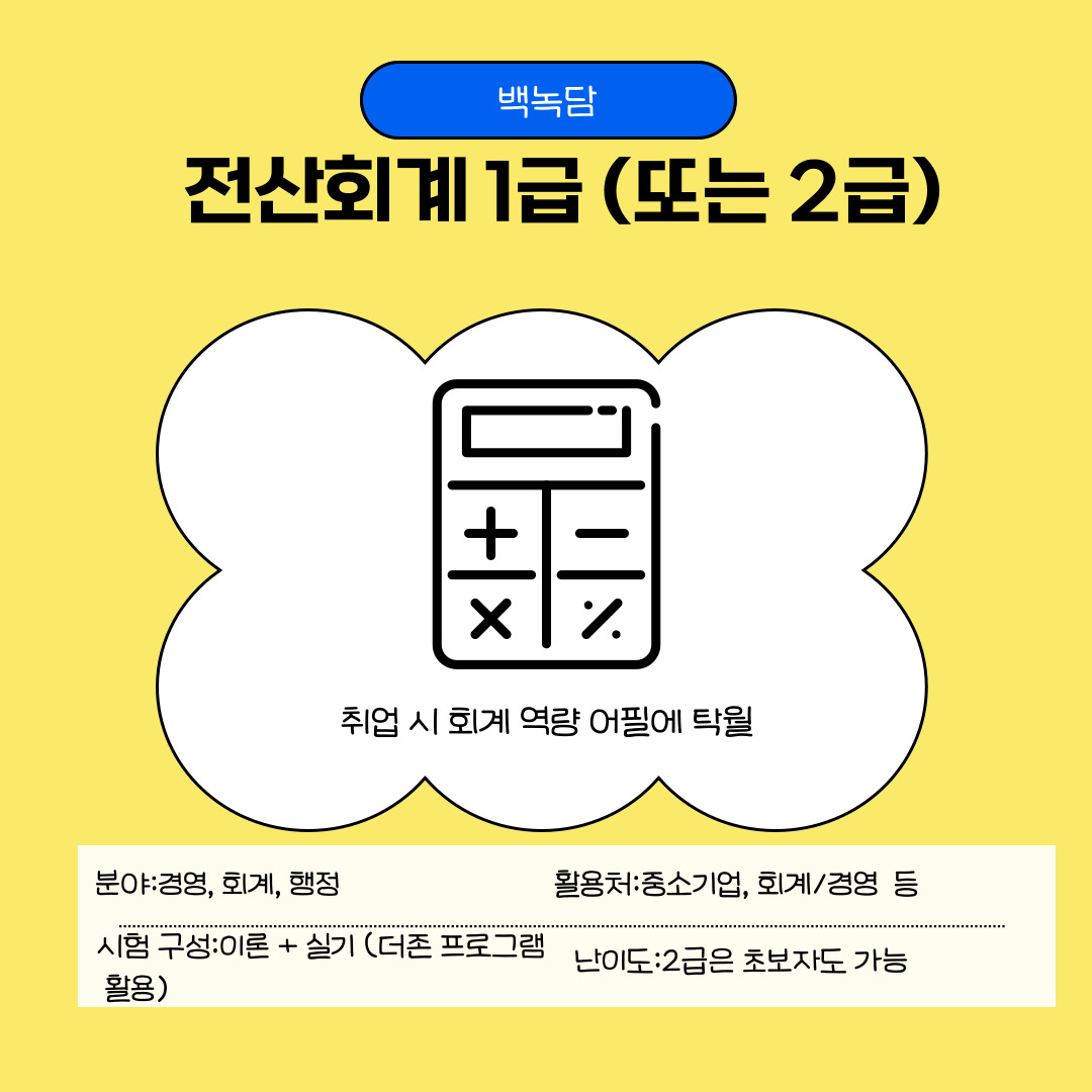 마지막은 전산회계 자격증입니다. 전산회계 자격증은 회계 기초 지식과 전산 회계 프로그램 활용 능력을 평가하는 시험입니다. 회계, 세무, 경영 관련 전공자뿐만 아니라 상경계 이외의 학생들도 실무에 활용할 수 있어 인기가 높다고 할 수 있습니다. 한국세무사회가 주관하며, 상시로 시험이 시행됩니다. 2급은 입문자 수준이며, 1급은 기업 실무 수준으로 난이도가 더 높다. 각각 3~6주의 학습이 요구된다고 볼 수 있습니다.