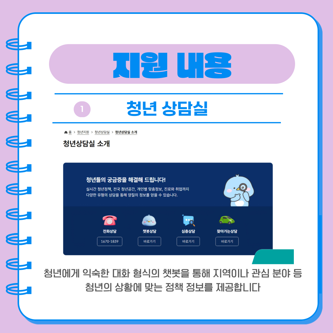청년 상담실   1   청년지원>청년상담실 > 청년상담실 소개   청년상담실 소개   청년들의 궁금증을 해결해 드립니다! 실시간 청년정책, 전국 청년공간, 개인별 맞춤정보, 진로와 취업까지 다양한 유형의 상담을 통해 양질의 정보를 얻을 수 있습니다.   전화상담 1670-1839   펫봇상담 바로가기   심층상담 바로가기   찾아가는상담 바로가기   -   청년에게 익숙한 대화 형식의 챗봇을 통해 지역이나 관심 분야 등 청년의 상황에 맞는 정책 정보를 제공합니다
