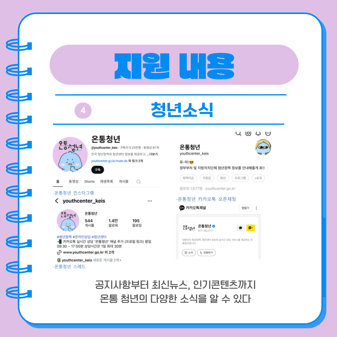 공지사항부터 최신뉴스, 인기콘텐츠까지 온통 청년의 다양한 소식을 알 수 있다