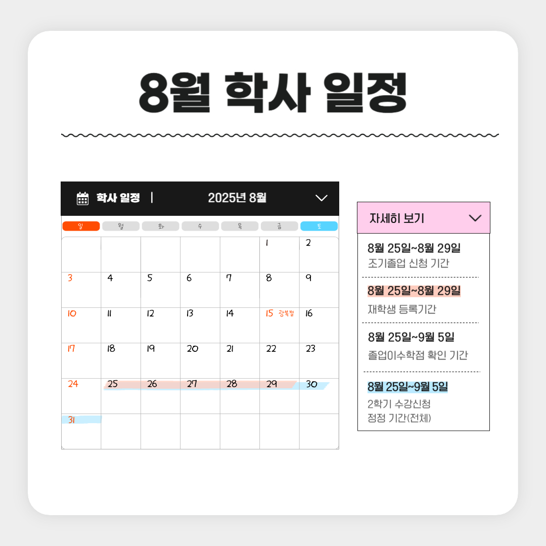 8월 학사 일정  7월 4일~8월 1일 2025-2학기 복학 신청 기간, 8월 4일~8월 8일 2학기 수강신청 기간 (재학 · 복학 · 재입학생), 8월 14일 2024학년도 후기 학위수여식, 8월 15일 광복절, 8월 25일~8월 29일 조기졸업 신청 기간, 8월 25일~8월 29일 재학생 등록기간, 8월 25일~9월 5일 졸업이수학점 확인 기간, 8월 25일~ 9월 5일 2학기 수강신청 정정 기간(전체)