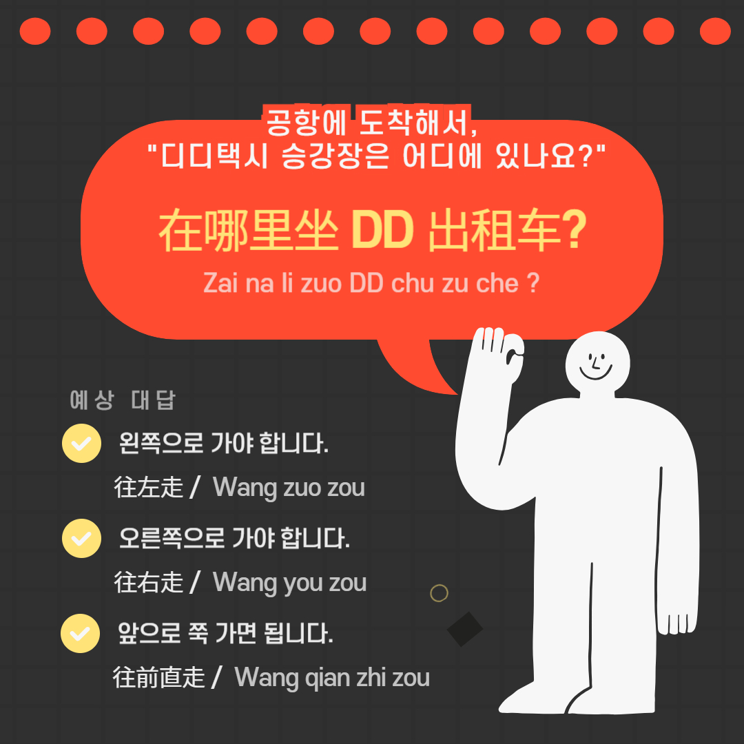 ﻿ 먼저, 중국 공항에 내려서 길을 모를 때는 공항 직원께 여쭙는 것이 좋습니다.   예를 들어, “DD 택시 승강장은 어디에 있나요?” -> Zai na li zuo DD chu zu che ? (在哪里坐 DD 出租车?)라고 물어보면 됩니다. 그럼, 예상 대답도 알아두면 좋겠죠? “왼쪽으로 가야 합니다.” -> Wang zuo zou (往左走)이고, “오른쪽으로 가야 합니다.” -> Wang you zou (往右走), “앞으로 쭉 가면 됩니다.” -> Wang qian zhi zou (往前直走), 이렇게 대답을 알면 길을 찾는 데 더 쉬울 것입니다. 