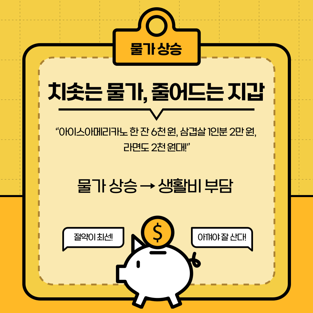 최근 몇 년간 이어지고 있는 물가 상승은 대학생 여러분의 생활에도 직접적인 영향을 미치고 있습니다. 커피 한 잔의 가격이 6천 원을 넘고, 삼겹살 1인분이 2만 원에 달하며, 간단한 인스턴트 식품마저 이전보다 훨씬 비싸진 상황입니다. 이러한 변화는 단순히 가격의 상승을 넘어, 생활 전반에 걸친 부담으로 이어지고 있습니다. 그러나 물가 상승이라는 외부적 요인을 우리가 바꿀 수는 없지만, 소비 습관을 점검하고 합리적인 소비 방식을 실천함으로써 부담을 완화할 방법은 충분히 존재합니다.