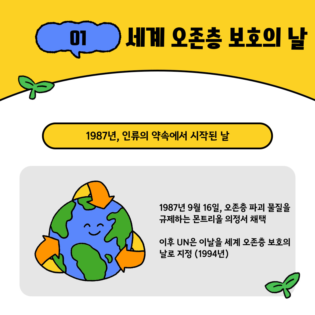 매년 9월 16일은 국제연합(UN)이 지정한 세계 오존층 보호의 날입니다. 이 날은 1987년, 국제 사회가 ‘몬트리올 의정서’를 채택한 것을 기념하기 위해 만들어졌습니다. 몬트리올 의정서는 오존층을 파괴하는 물질의 생산과 사용을 단계적으로 줄여 나가자는 전 세계적인 합의였습니다. 1994년 UN은 이를 공식적으로 기념일로 지정하였으며, 오늘날까지도 전 세계 각국은 이 날을 통해 환경 보호의 중요성을 되새기고 있습니다.