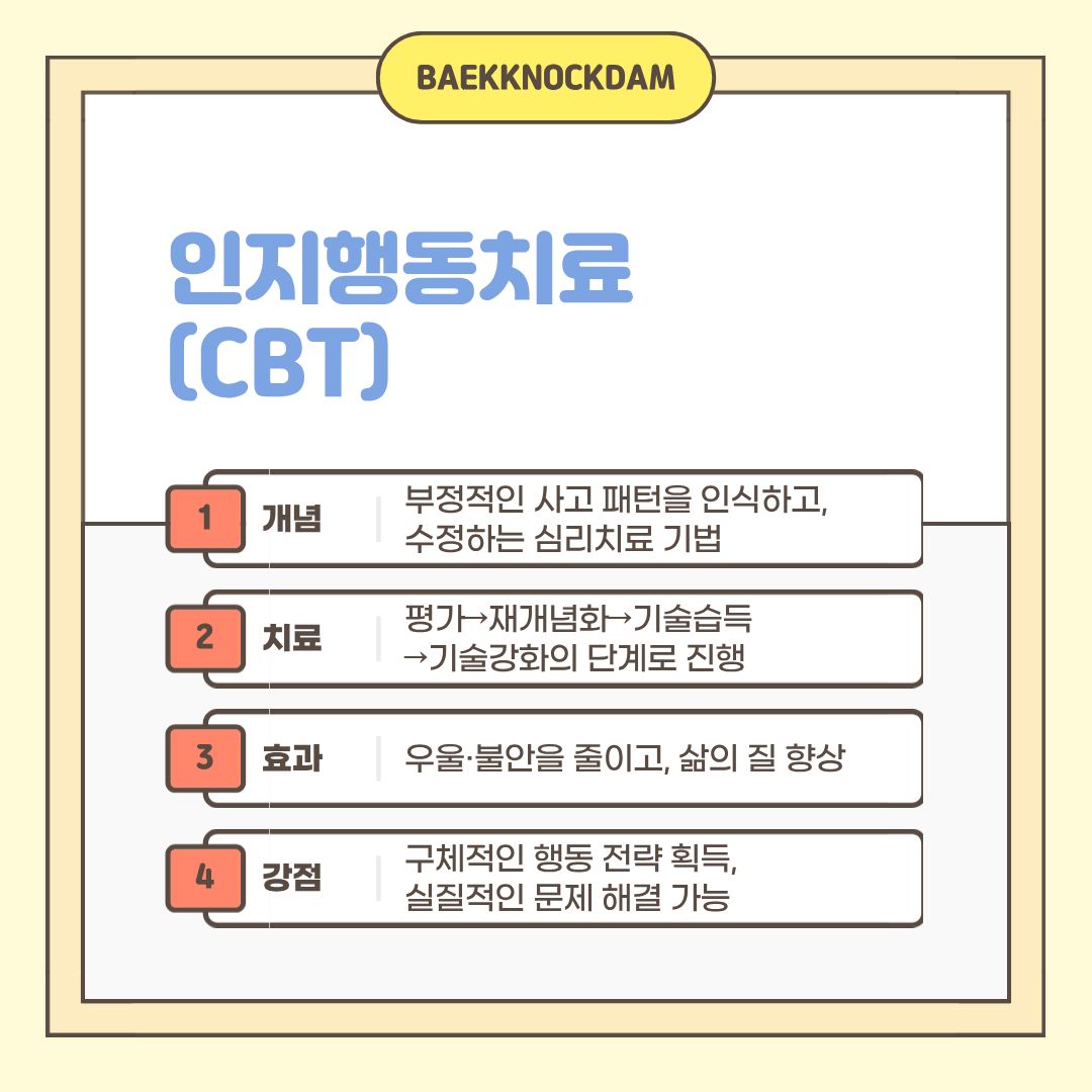  스트레스 해소법 중에 심리학 교수들이 추천하는 인지행동치료(CBT)가 있습니다. 인지행동치료는 부정적인 사고 패턴을 인식하고 수정하는 심리치료 기법입니다. 평가-> 재개념화-> 기술 습득-> 기술 강화의 단계로 진행되며, 불안과 우울을 줄이고 삶의 질을 향상하는 효과가 있습니다. 구체적인 행동 전략을 획득할 수 있고, 실질적인 문제 해결이 가능합니다. 