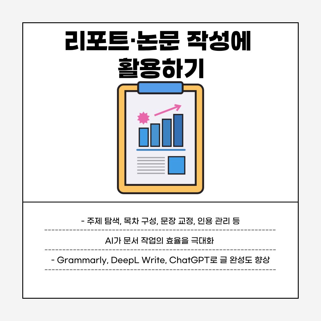 대학 생활에서 가장 많이 접하게 되는 과제가 바로 리포트와 논문 작성입니다. AI는 자료 조사, 목차 구성, 문장 교정, 인용 관리 등 글쓰기 전 과정을 보조할 수 있습니다. Grammarly, DeepL Write와 같은 문장 교정 AI는 글의 완성도를 높여주며, ChatGPT는 복잡한 주제를 정리하거나 논리 구조를 검토하는 데 활용할 수 있습니다. 효율적인 AI 활용은 작성 시간을 단축하고 보다 높은 수준의 문서를 완성하는 데 기여합니다.