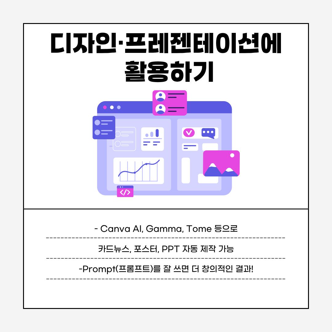 Canva AI, Gamma, Tome 등 디자인·프레젠테이션 도구는 바쁜 대학생에게 특히 도움이 됩니다. 카드뉴스, 포스터, PPT 등을 자동 생성해주기 때문에 디자인 역량이 부족한 학생도 손쉽게 시각자료를 제작할 수 있습니다. 특히 프롬프트를 정교하게 작성할수록 결과물의 창의성과 완성도가 더욱 높아집니다.