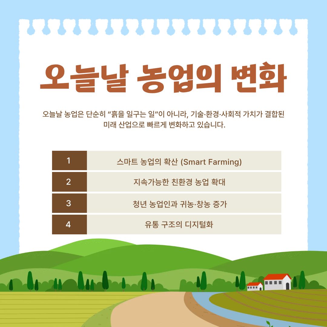 오늘날 농업은 과거의 단순 노동 중심 산업에서 벗어나 기술·환경·사회가 결합된 고도화된 미래 산업으로 진화하고 있습니다. 첫 번째는 스마트 농업의 확산입니다. ICT 기술과 빅데이터를 기반으로 온도·습도·물 공급을 자동 제어하는 스마트팜은 생산성을 크게 높이고 인력 부족 문제도 해결합니다. 드론을 활용한 병해충 관리, 자동화 수확기, AI 기반 생육 분석 등 ‘첨단 농업 기술’이 빠르게 현장에 도입되고 있습니다. 두 번째는 지속가능한 친환경 농업의 확대입니다. 기후변화 대응을 위해 탄소 배출을 최소화하고 자연과 공존하는 농업 방식이 확대되고 있습니다. 이는 단순히 환경 보호의 차원을 넘어 유럽연합(EU)의 농산물 수출 규제, 글로벌 ESG 흐름과도 연관된 중요한 변화입니다. 세 번째는 청년 농업인과 귀농 및 창농의 증가입니다. 최근에는 농촌에서 새로운 삶을 찾고자 하는 청년층의 귀농·창업도 늘고 있습니다. 스마트팜 기술과 온라인 유통 플랫폼 발전 덕분에 농업은 더 이상 ‘힘든 일’이 아니라 ‘기회가 있는 산업’으로 재평가되고 있습니다. 마지막은 유통 구조의 디지털화입니다. 라이브커머스, 온라인 직거래 플랫폼, 산지 직송 시스템 등 디지털 기반 유통 혁신은 농업인의 소득 증가와 소비자 접근성 향상에 큰 역할을 하고 있습니다.