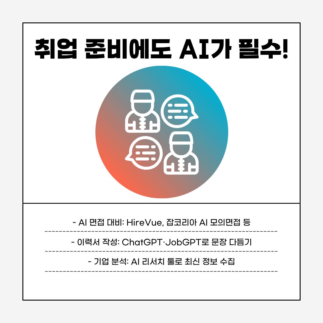 취업 준비 과정에서도 AI는 핵심 도구로 자리잡고 있습니다. HireVue나 잡코리아 AI 모의면접은 학생들에게 실제 면접 환경을 간접 경험할 기회를 제공하며, ChatGPT·JobGPT는 이력서 문장 다듬기에 효과적입니다. 또한 기업 분석 단계에서 AI 기반 리서치 도구를 활용하면 최신 정보를 신속하게 확보할 수 있어, 지원 기업에 대한 이해도를 높입니다.