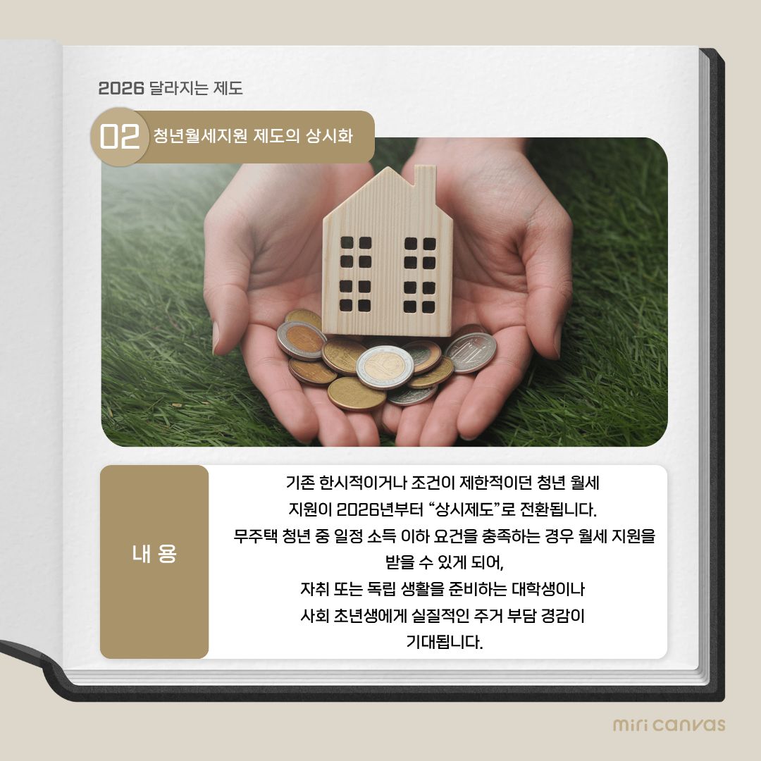 청년 월세 지원 제도의 상시화를 다룹니다. 기존에는 한시적이거나 조건이 제한적인 방식으로 운영되던 월세 지원이 2026년부터는 상시 제도로 전환됩니다. 무주택 청년 중 일정 소득 요건을 충족할 경우 지속적으로 월세 지원을 받을 수 있게 되며, 이는 자취나 독립을 준비하는 대학생과 사회 초년생에게 실질적인 도움이 될 것으로 보입니다. 주거비 부담은 청년의 삶의 질뿐만 아니라 진로 선택에도 직접적인 영향을 미칩니다. 월세 부담이 완화될 경우 학업과 취업 준비에 보다 집중할 수 있는 환경이 조성되며, 이는 장기적으로 청년의 사회 진입 안정성에도 긍정적인 영향을 미칠 수 있습니다.