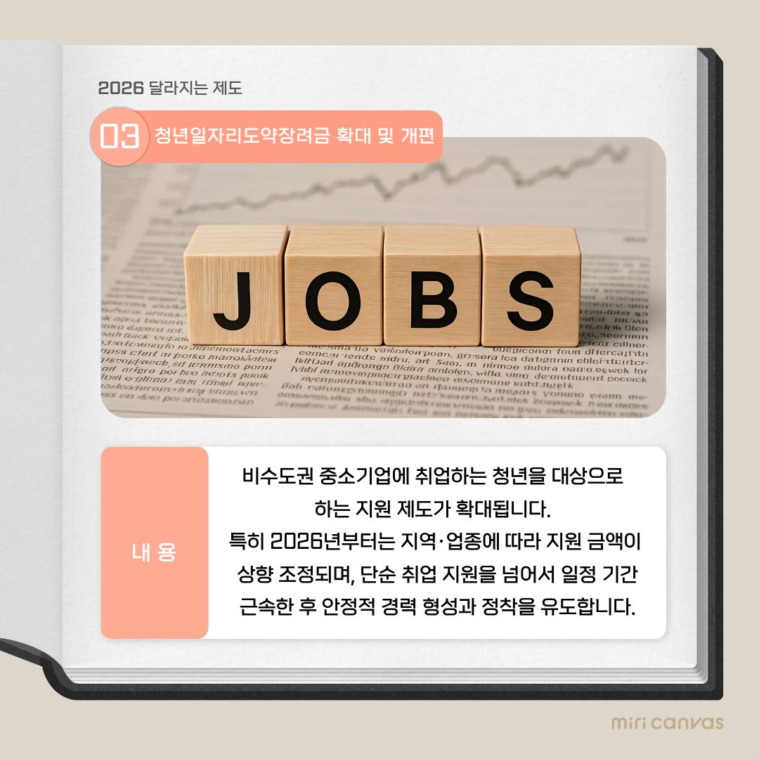 청년 일자리 도약 장려금 제도의 확대와 개편을 설명합니다. 비수도권 중소기업에 취업하는 청년을 대상으로 한 지원이 강화되며, 단순한 취업 성과 중심의 지원에서 벗어나 일정 기간 근속을 유도하는 방향으로 제도가 설계됩니다. 이는 청년의 잦은 이직 문제와 중소기업의 인력난을 동시에 완화하기 위한 정책적 시도로 볼 수 있습니다. 대학생 입장에서는 대기업이나 수도권 중심의 취업만을 목표로 삼기보다, 다양한 지역과 산업에서 경력을 시작할 수 있는 선택지가 넓어진다는 점에서 의미가 큽니다.