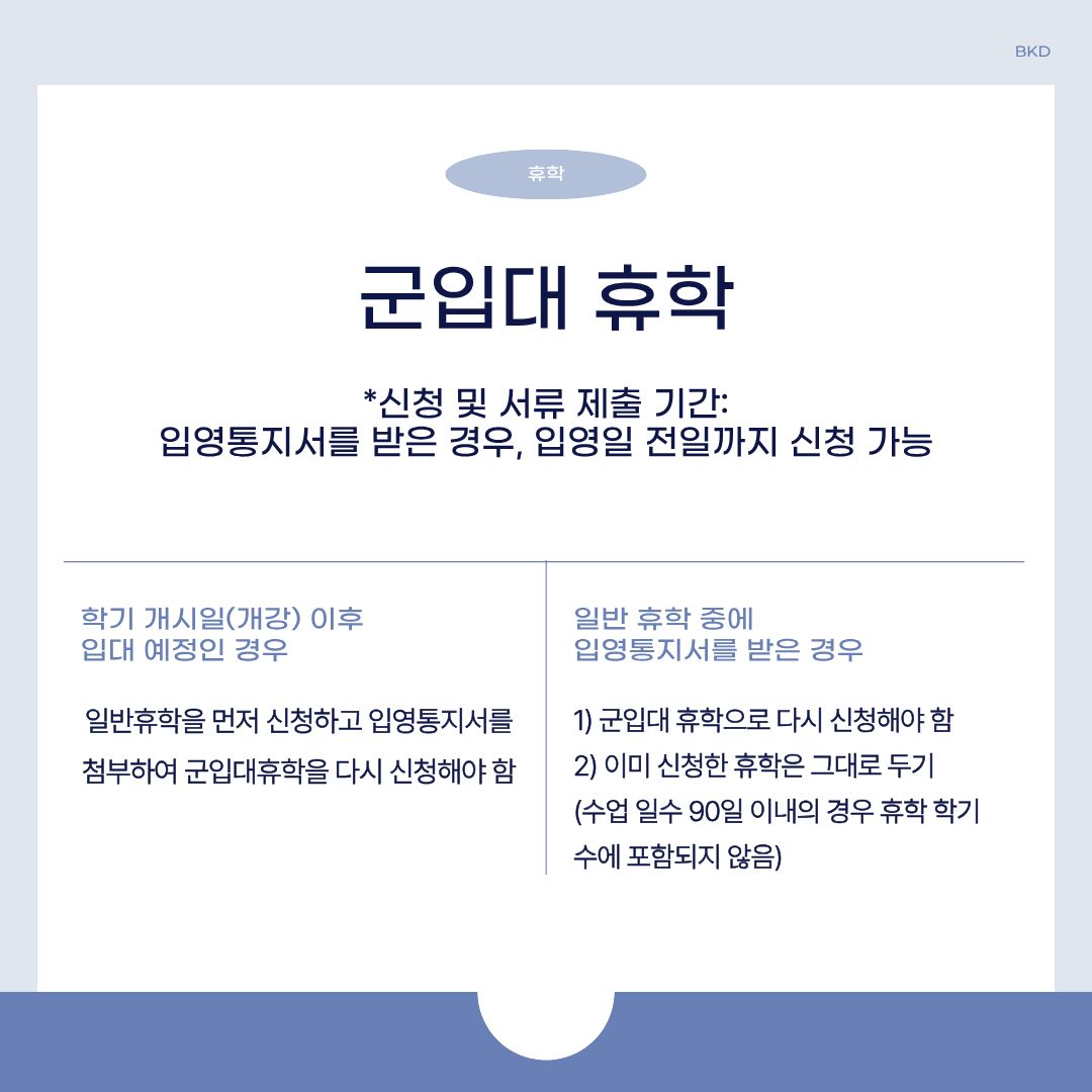  이번에 알려드릴 휴학은 군입대 휴학입니다. 신청 및 서류 제출 기간은 입영 통지서를 받은 경우, 입영일 전날까지 신청할 수 있습니다.   군입대 휴학은 두 가지 경우로 나뉩니다. 학기 개시일 이후 입대 예정이면, 일반 휴학을 먼저 신청하고 입영 통지서를 첨부하여 군입대 휴학을 다시 신청해야 합니다. 일반 휴학 중에 입영 통지서를 받으면, 군입대 휴학으로 다시 신청해야 합니다. 이미 신청한 휴학은 그대로 두고 신청하시길 바랍니다. 