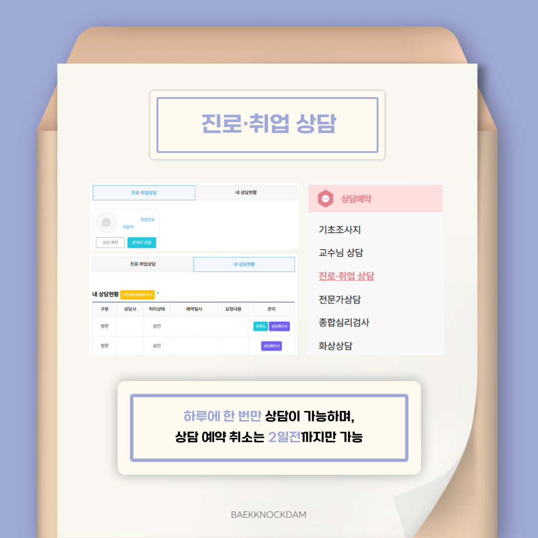  세 번째 버튼은 진로, 취업 상담입니다. 진로나 취업, 개인적인 고민 등을 다양한 분야의 전문가와 상담할 수 있도록 합니다. 원하는 상담사를 선택하고 상담 예약을 진행할 수 있으며, 하루에 한 번만 상담받을 수 있습니다. 만약, 불가피한 사정으로 상담 예약 취소를 해야 할 경우에는 2일 전까지만 가능합니다. 또한 예약 날짜 변경을 &lsquo;내 상담 현황&rsquo;에서 예약 취소 후 새로 상담을 예약해야 하니, 처음에 예약하실 때 일정에 차질 없도록 하는 것이 좋을 것 같습니다. 