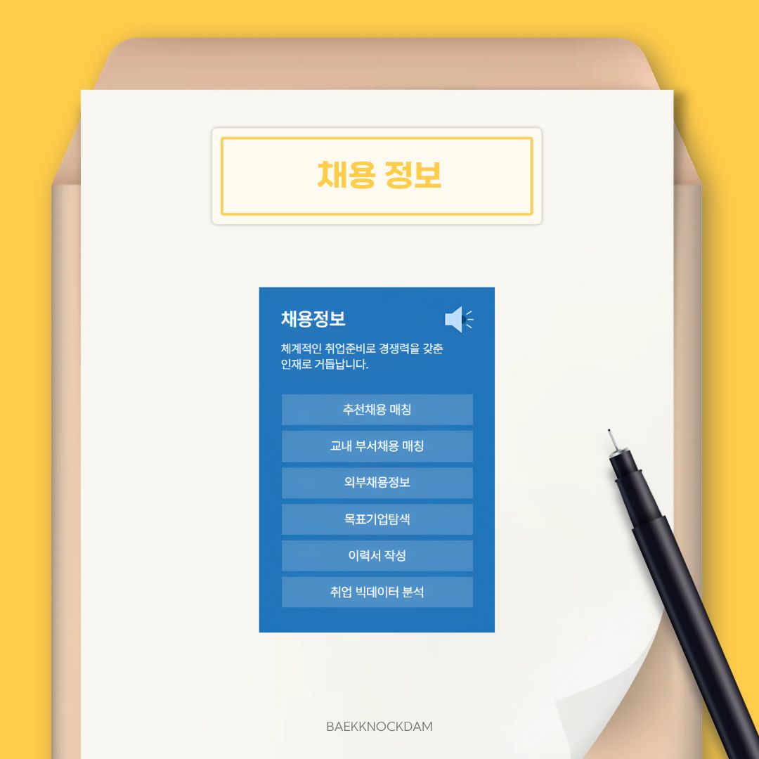  이번 기사에서는 홈페이지 바로 앞 배너에 보이는 네 가지 버튼 중에 &lsquo;채용 정보&rsquo;를 설명해 드리려고 합니다. 채용 정보를 클릭하면, &lsquo;추천 채용 매칭, 교내 부서 채용 매칭, 외부 채용 정보, 목표기업 탐색, 이력서 작성, 취업 빅데이터 분석&rsquo; 목록을 확인할 수 있습니다. 원하는 버튼을 눌러 바로 이용할 수 있습니다.