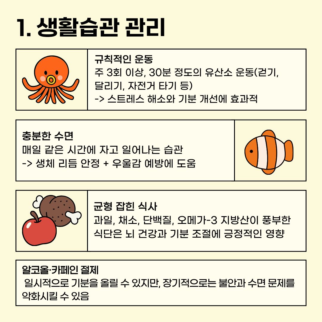  그럼, 정신건강을 건강하게 관리할 방법 중에 &lsquo;생활 습관 관리&rsquo;에 대해 먼저 알려드리겠습니다. 주 3회 이상, 30분 정도의 규칙적인 유산소 운동을 하면, 스트레스 해소와 기분 개선에도 효과적입니다. 그전에 매일 같은 시간에 자고 일어나는 습관을 길러, 생체 리듬을 안정시키고 충분히 잔다면 우울감 예방에도 도움이 됩니다. 또한, 균형 잡힌 식사는 뇌 건강과 기분 조절에 긍정적인 영향을 끼칩니다. 과일이나 채소, 단백질, 오메가-3 지방산이 풍부한 식단을 하면 도움이 됩니다. 하지만, 알코올과 카페인은 일시적으로 기분을 올릴 수는 있지만, 장기적으로는 불안과 수면 문제를 악화시킬 수 있기 때문에 절제하는 것이 좋습니다. 