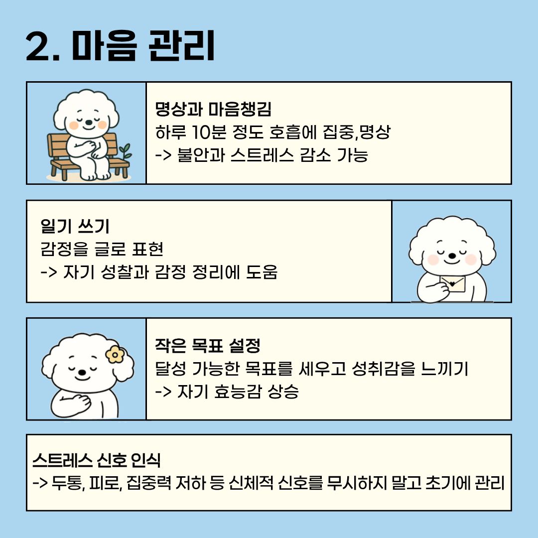 신체를 관리했으면 마음도 관리해야겠죠? 하루에 10분 정도 호흡에 집중하고 명상을 하며 마음을 챙기면, 불안과 스트레스를 감소시킬 수 있습니다. 또한, 감정을 글로 표현하면서 일기를 쓰면, 자기성찰과 감정 정리에 도움이 되기에 꾸준히 쓰는 것이 어려우면 기분이 좋지 않은 날이라도 적어보시길 바랍니다. 저도 기억하고 싶은 일이나 기억하기 싫은 일이 생기면 일기를 쓰고는 합니다. 상황과 그때의 감정을 글로 써 내려가면 객관적으로도 상황을 바라볼 수 있기 때문에, 일기 쓰기를 꼭 해보시길 추천해 드립니다. 달성할 수 있는 작은 목표를 세우고 성취감을 느끼면, 자기 효능감도 상승하기 때문에 단기와 장기로 나누어 계획을 세워보시길 바랍니다. 다만, 두통이나 피로, 집중력 저하와 같은 스트레스에 대한 신체적 신호는 무시하지 말고, 초기에 관리하셔야 합니다. 
