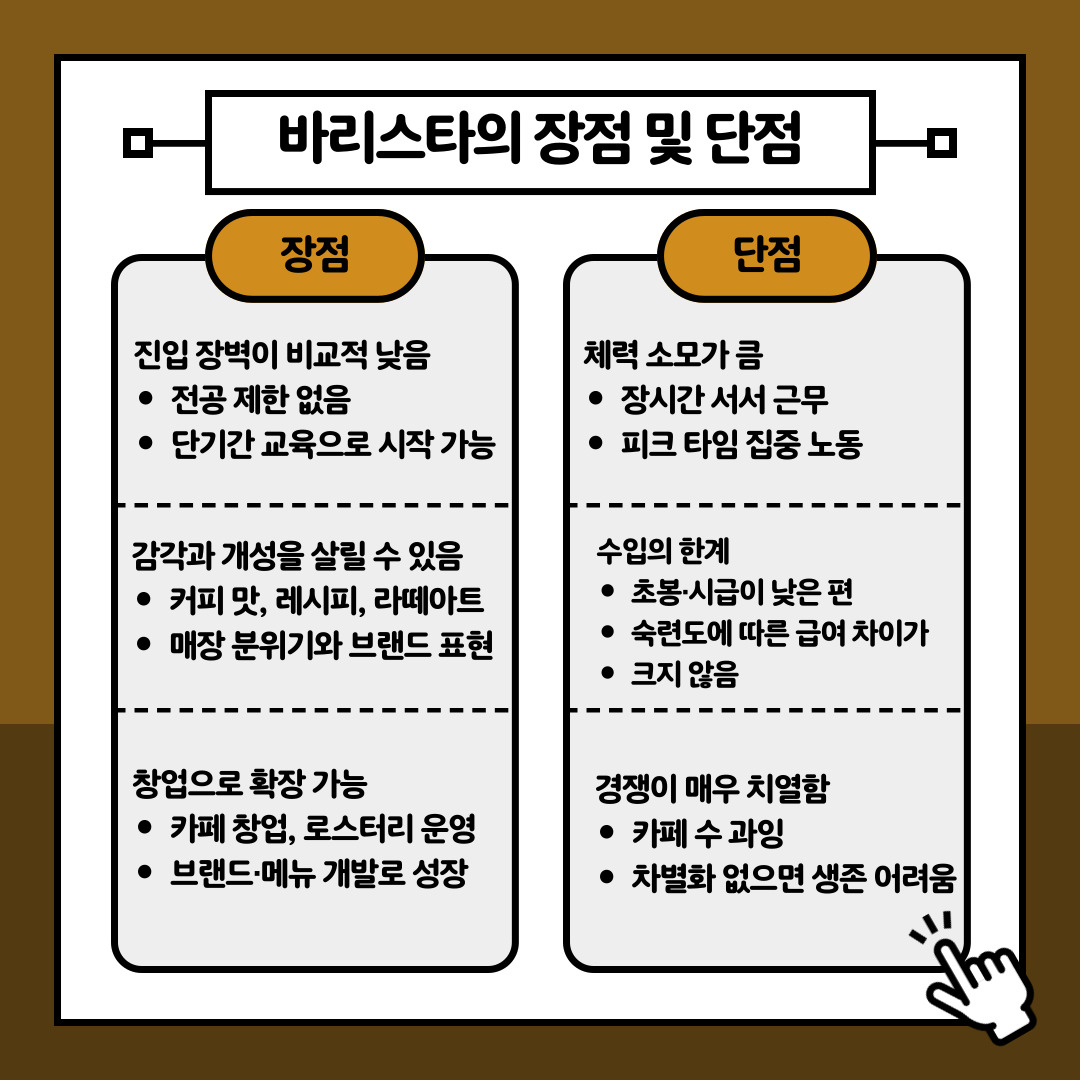 이 직업의 장단점을 냉정하게 분석해 보겠습니다. 바리스타의 가장 매력적인 장점은 학력이나 특정 전공에 대한 진입 장벽이 비교적 낮아 단기간의 집중적인 교육만으로도 커리어를 시작할 수 있다는 점입니다. 또한, 자신만의 독창적인 레시피를 개발하거나 예술적인 라떼아트를 선보이며 매장의 전반적인 분위기와 브랜드를 본인의 개성대로 표현할 수 있어 직업적 성취감이 큽니다. 현장에서 탄탄하게 실무 경험을 쌓은 후에는 자신만의 색깔을 담은 독립 카페를 창업하거나 전문 로스터리를 운영하는 등 비즈니스 오너로 성장할 수 있는 긍정적인 확장성도 지니고 있습니다. 하지만 이면에는 극복해야 할 뚜렷한 단점과 한계도 존재합니다. 가장 먼저 마주하는 현실은 엄청난 체력 소모입니다. 장시간 서서 근무해야 하는 데다, 점심시간이나 주말 같은 피크 타임에는 육체적, 정신적 노동의 강도가 극에 달합니다. 경제적인 측면에서의 아쉬움도 큽니다. 대체 가능한 인력이 많다 보니 업계 전반의 초봉이나 시급이 상대적으로 낮게 형성되어 있으며, 연차가 쌓이고 숙련도가 높아져도 매니저급 이상으로 승진하지 않는 이상 급여의 상승폭이 크지 않은 편입니다. 게다가 현재 대한민국의 커피 시장은 수많은 프랜차이즈와 개인 카페가 난립하며 이미 포화 상태에 이르렀습니다. 무인 로봇 카페까지 등장하는 이 치열한 경쟁 속에서 남들과 확연히 구분되는 차별화된 무기가 없다면 장기적으로 생존하기 매우 힘든 구조적인 어려움이 있습니다.